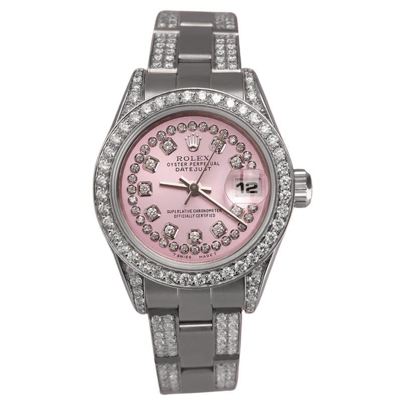Rolex Ladies Datejust Pink String S/S Oyster Perpetual Diamonds Watch