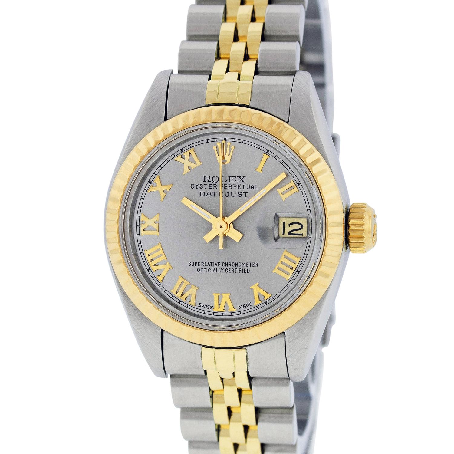 Pre-Owned Rolex Ladies Datejust 26mm Steel and Yellow Gold Gray Roman Watch Jubilee Band

WATCH DESCRIPTION

BRAND  -  Rolex

MODEL  -  Datejust

CASE SIZE   -  26mm

GENDER  -  Women's

CASE  -  Rolex Stainless Steel Case

WATCH FEATURES

DIAL  - 