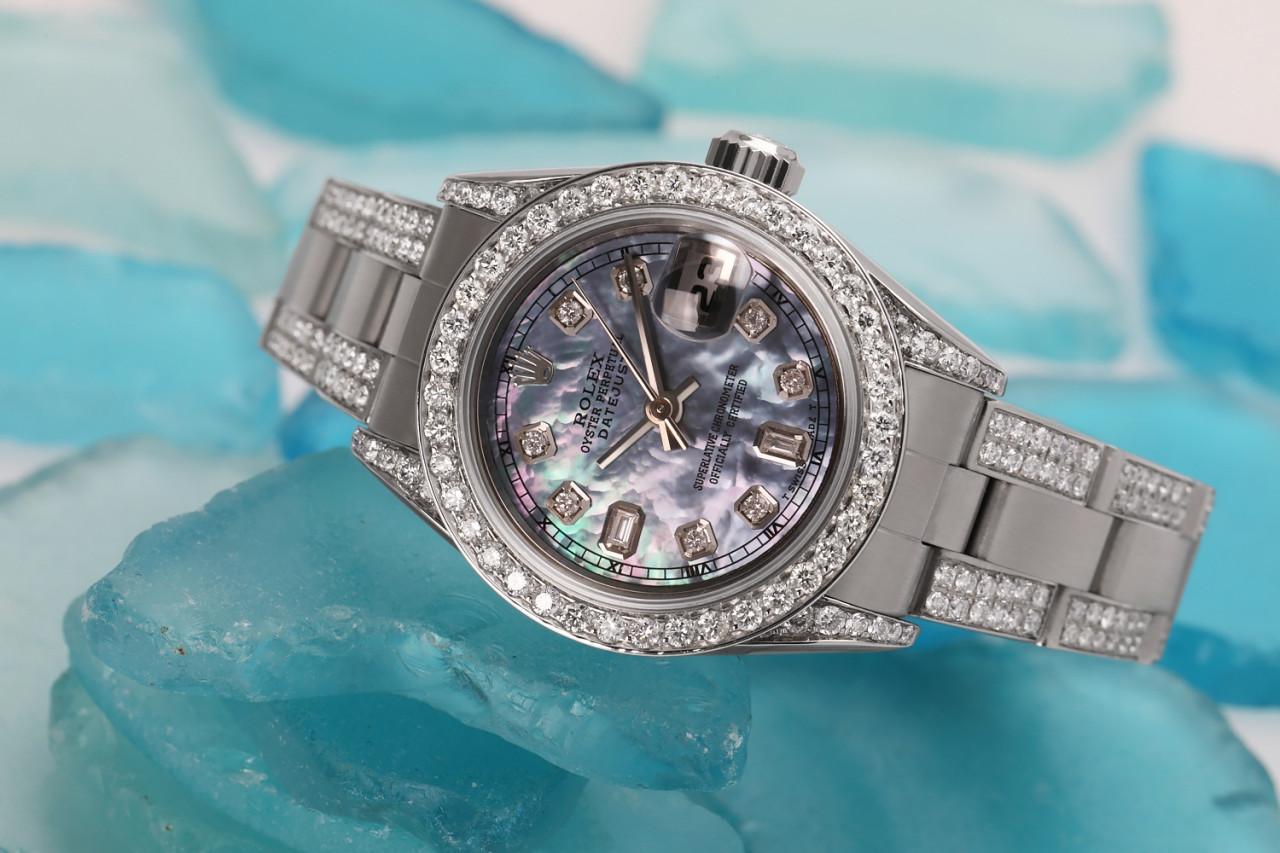 Taille baguette Montre pour femme Datejust 26 mm en perles de Tahiti et diamants baguettes perpétuels en vente