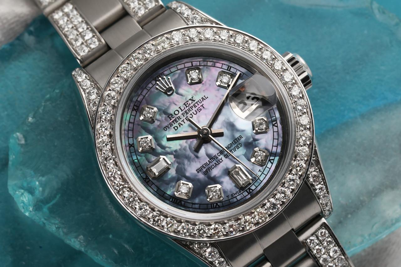 Rolex Damen Datejust 26mm Tahiti-Perlen- Baguette-Perlenuhr mit Ewiger Diamant im Zustand „Hervorragend“ im Angebot in New York, NY