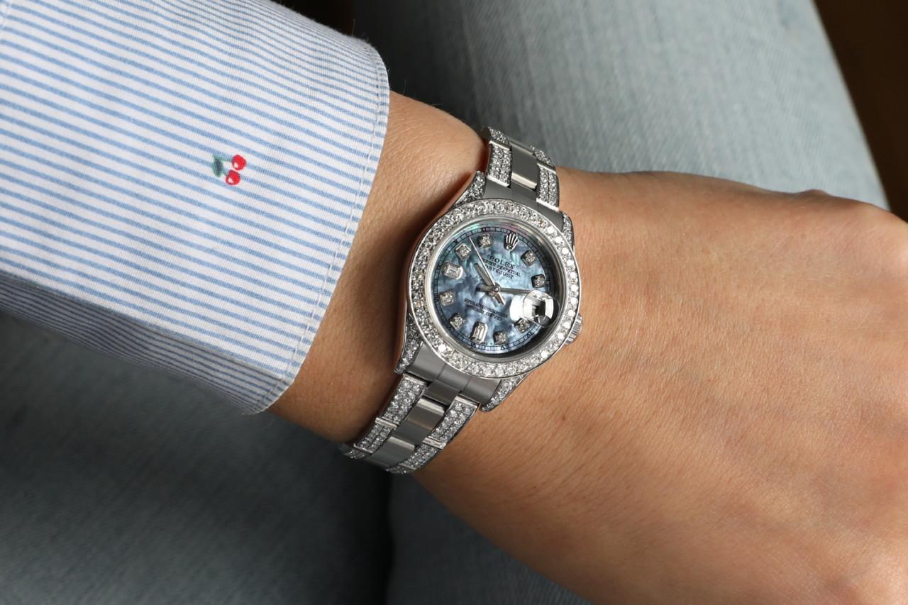 Rolex Damen Datejust 26mm Tahiti-Perlen- Baguette-Perlenuhr mit Ewiger Diamant im Angebot 3