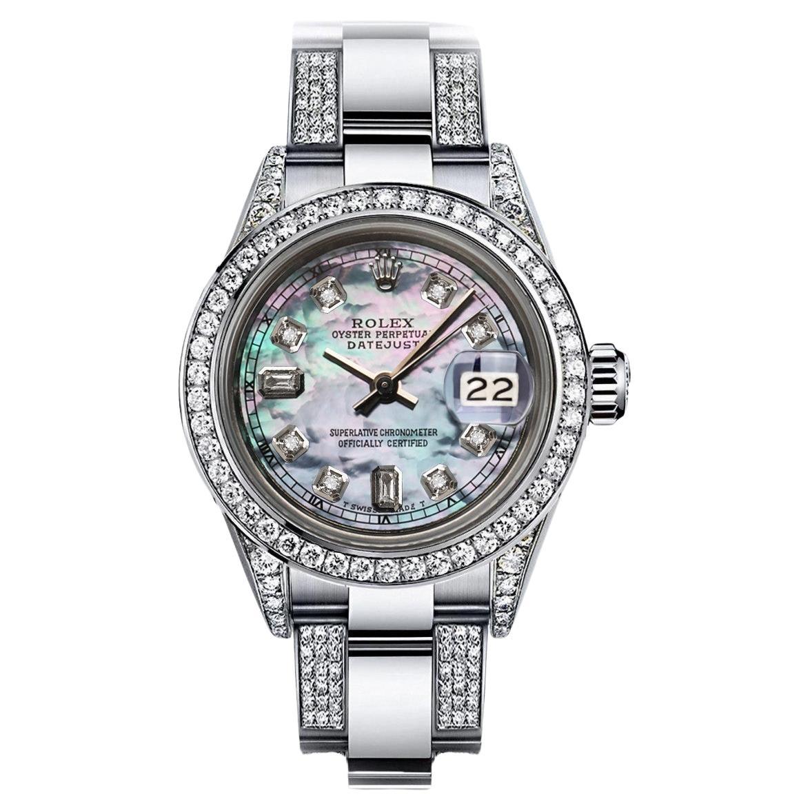 Rolex Ladies Datejust 26mm Tahitian Pearl Baguette Perpetual Diamond Watch For Sale