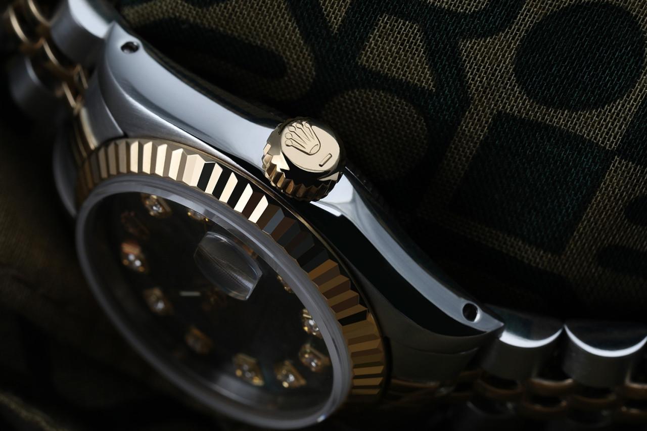 Rolex Montre Datejust vintage bicolore noire avec cadran MOP et diamants, pour femmes Excellent état - En vente à New York, NY