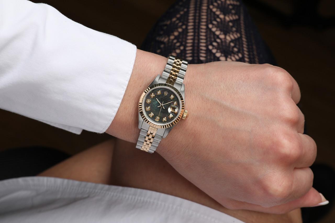 Round Cut Rolex Ladies Datejust Vintage Two Tone Black MOP Dial with Diamond Watch For Sale