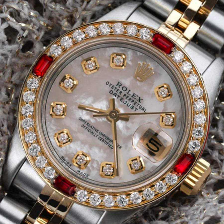 Rolex Ladies Datejust 26mm Cadran nacre blanche avec lunette en rubis et diamants 69173
