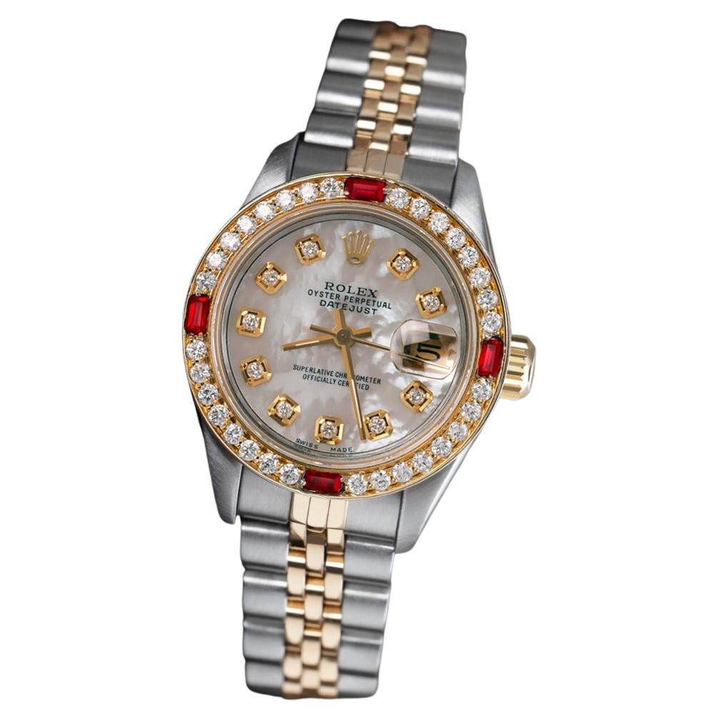 Rolex Ladies Datejust White Mother of Pearl Dial with Ruby & Diamond Watch For Sale