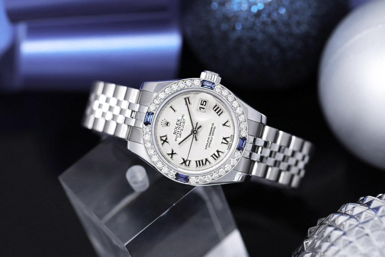 Round Cut Rolex Ladies Datejust White Roman Numerals Dial 179174 Watch For Sale
