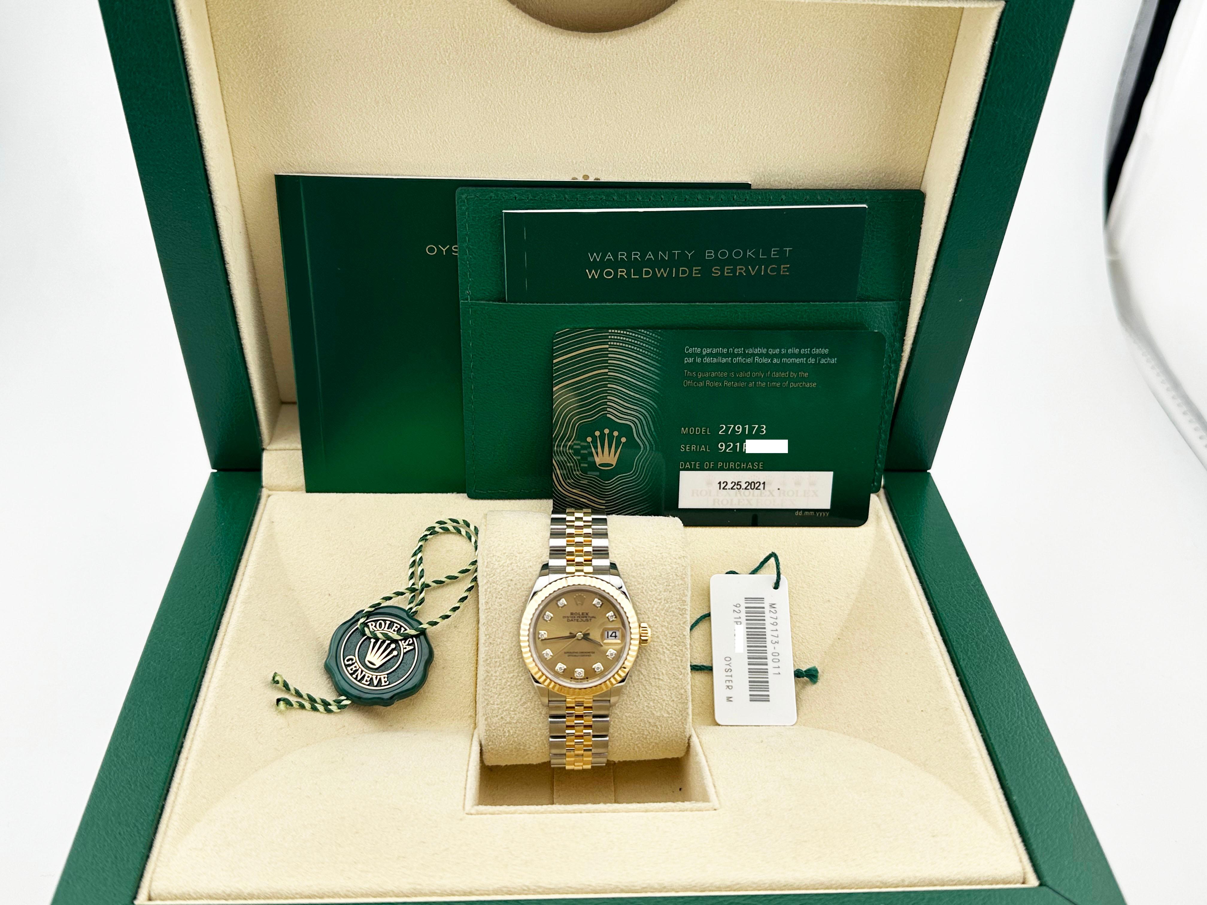 Style Number: 279173



Year: 2021

 

Model: Rolex Ladies Datejust 

 

Case Material: Stainless Steel 

 

Band: 18K Yellow Gold & Stainless Steel 

  

Bezel: 18K Yellow Fluted Bezel 

  

Dial: Original Champagne Diamond Dial 

 

Face: Sapphire