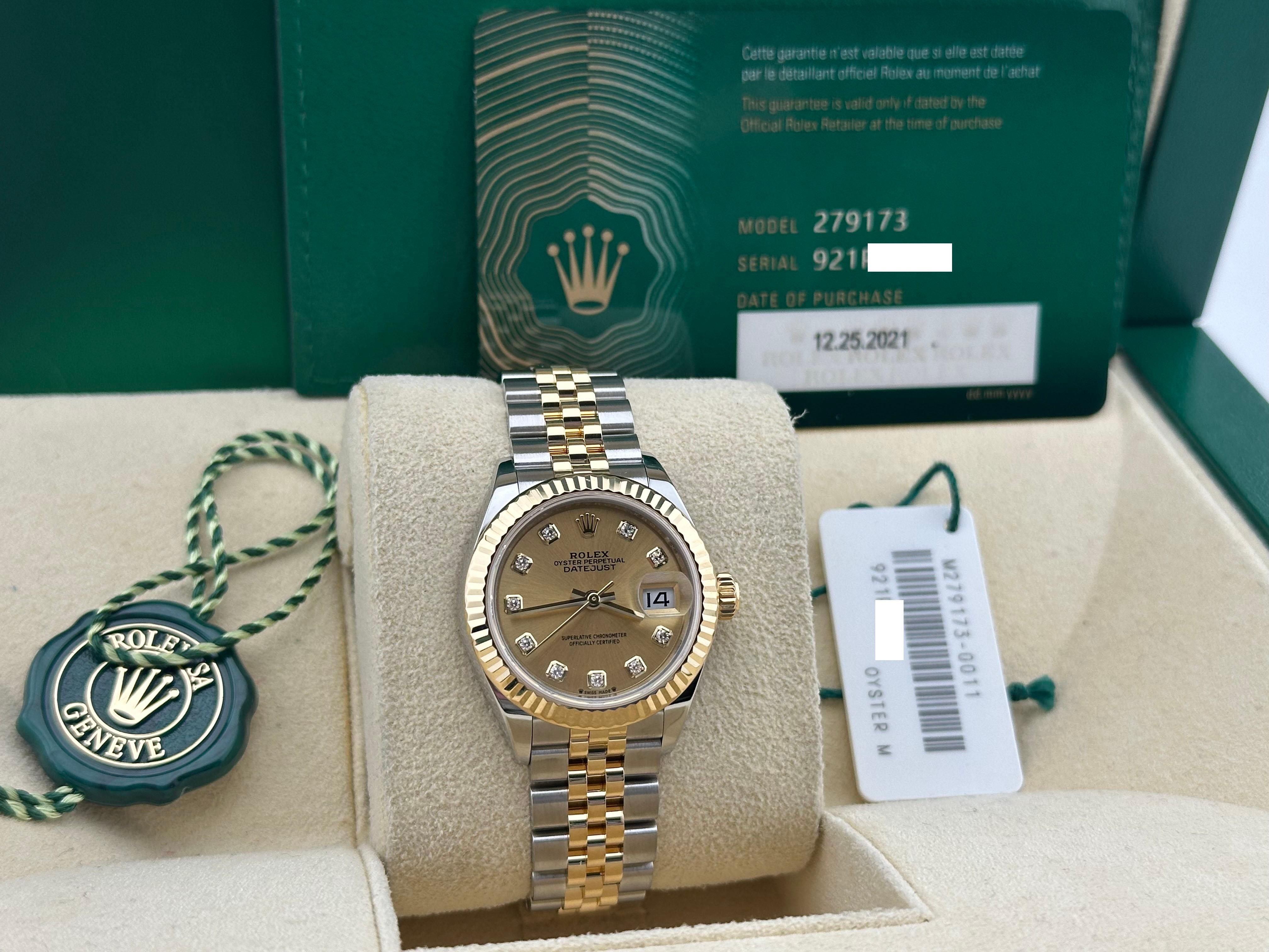 Rolex Ladies Datejust 279173 Diamond Dial 18K Yellow Gold Steel Box Paper 28mm In Excellent Condition For Sale In San Diego, CA
