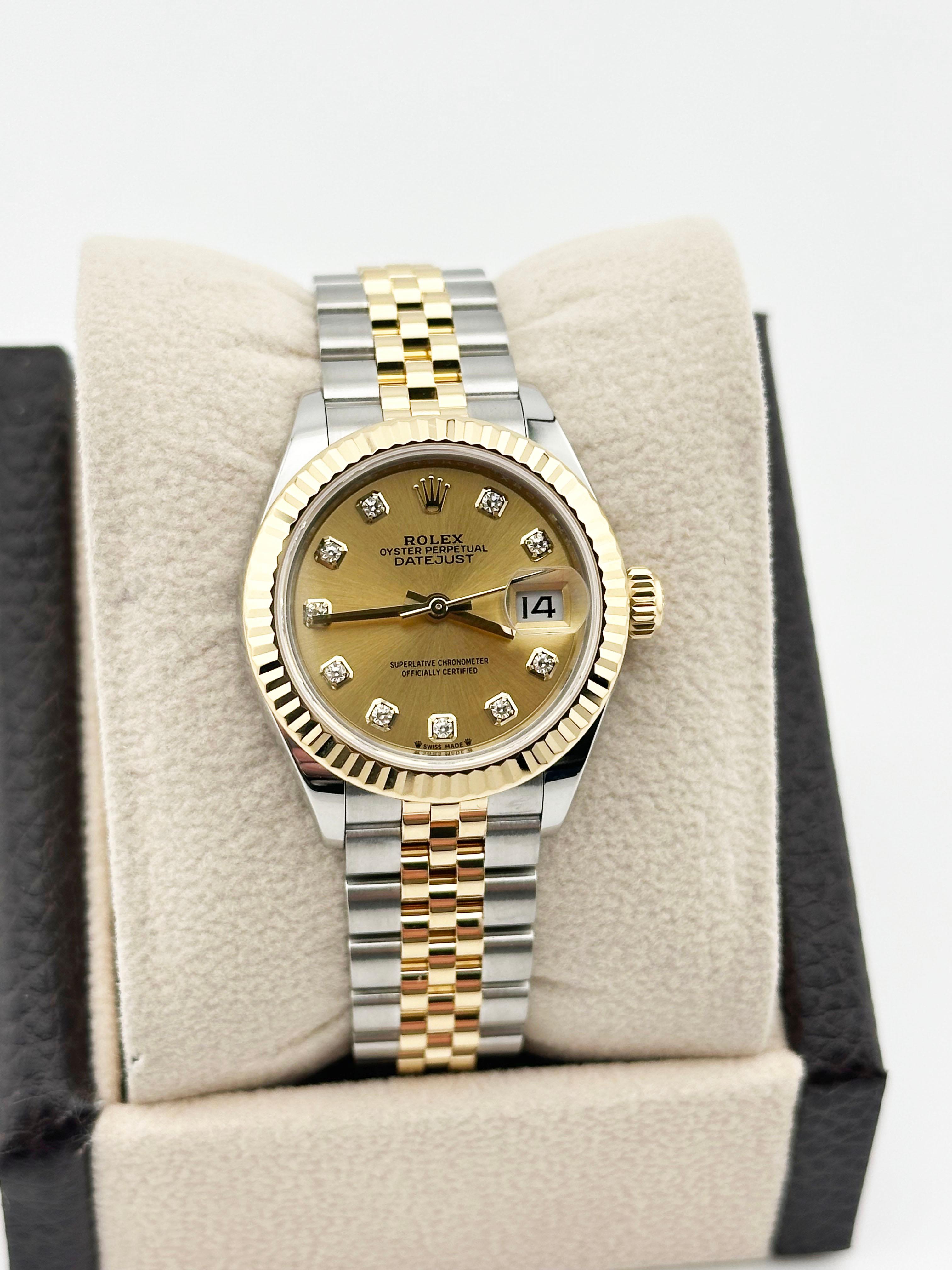 Women's Rolex Ladies Datejust 279173 Diamond Dial 18K Yellow Gold Steel Box Paper 28mm For Sale