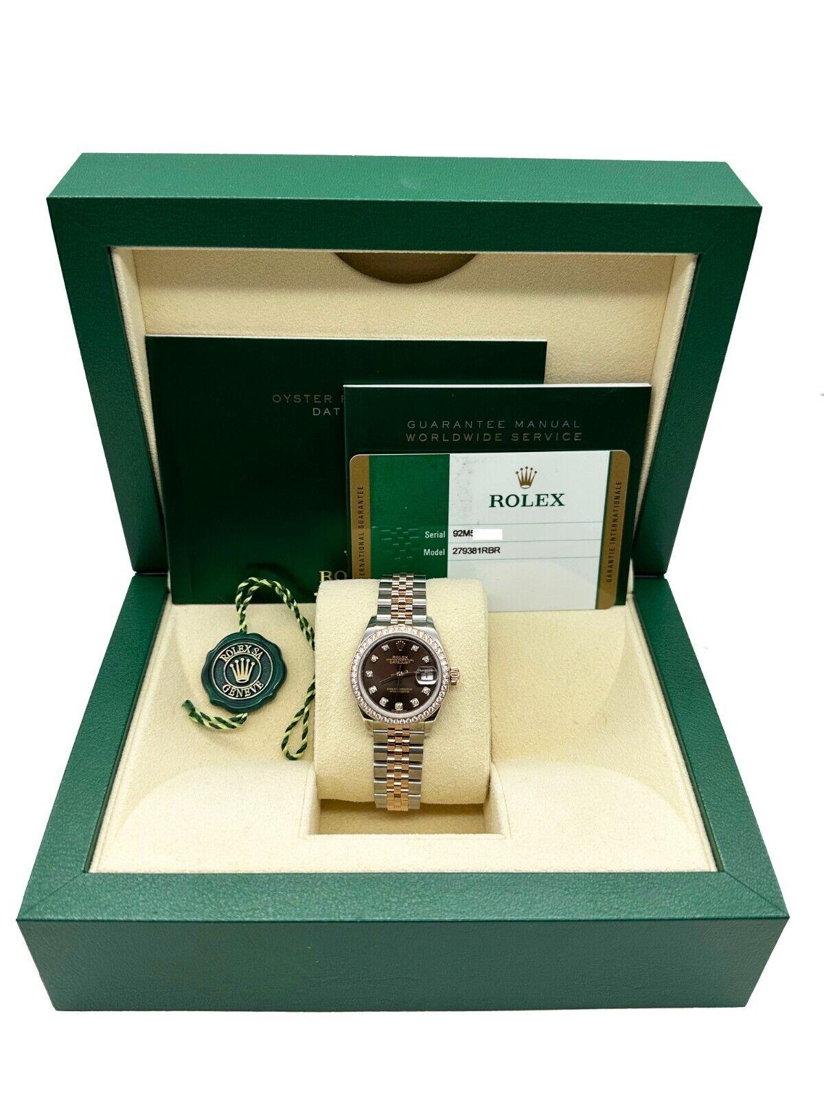 Rolex Ladies Datejust 279381 Chocolate Diamond 18K Rose Steel Box Paper 28mm In Excellent Condition For Sale In San Diego, CA