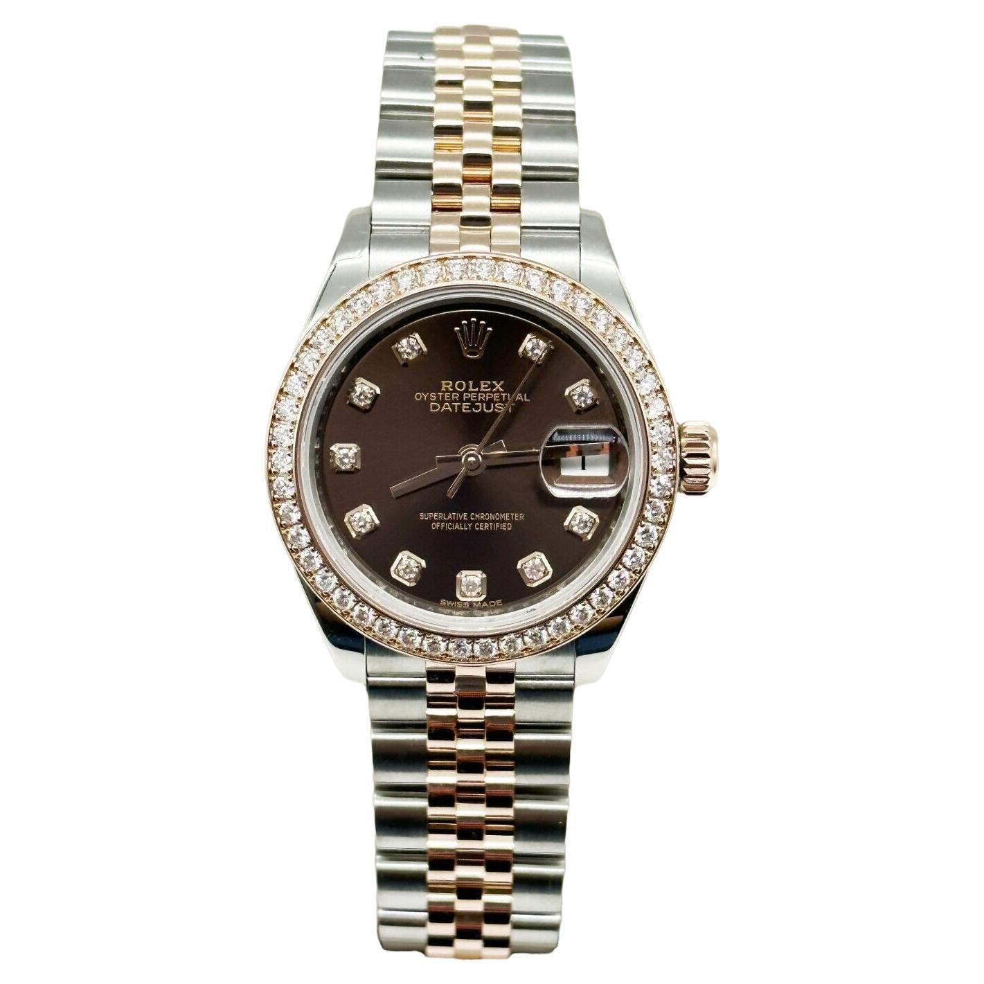 Rolex Ladies Datejust 279381 Chocolate Diamond 18K Rose Steel Box Paper 28mm For Sale