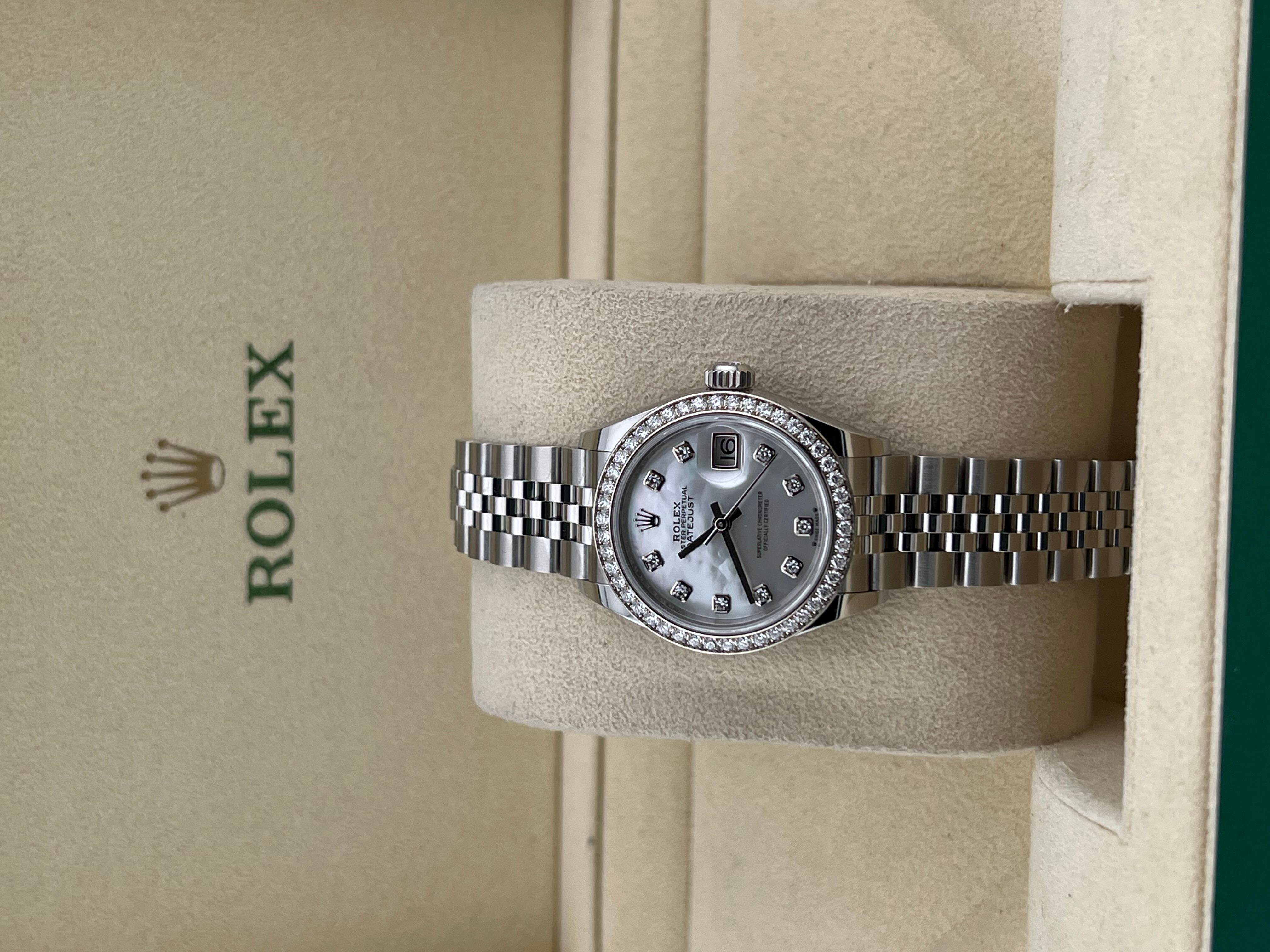 Style Number: 279384RBR

Serial: 1936X***

Year: 2021

Model: Rolex Ladies Datejust 

Case Material: Stainless Steel 

Band: Stainless Steel Jubilee

Bezel: Rolex Factory Diamond Bezel 

Dial: Rolex Factory Mother of Pearl Diamond Dial 

Face:
