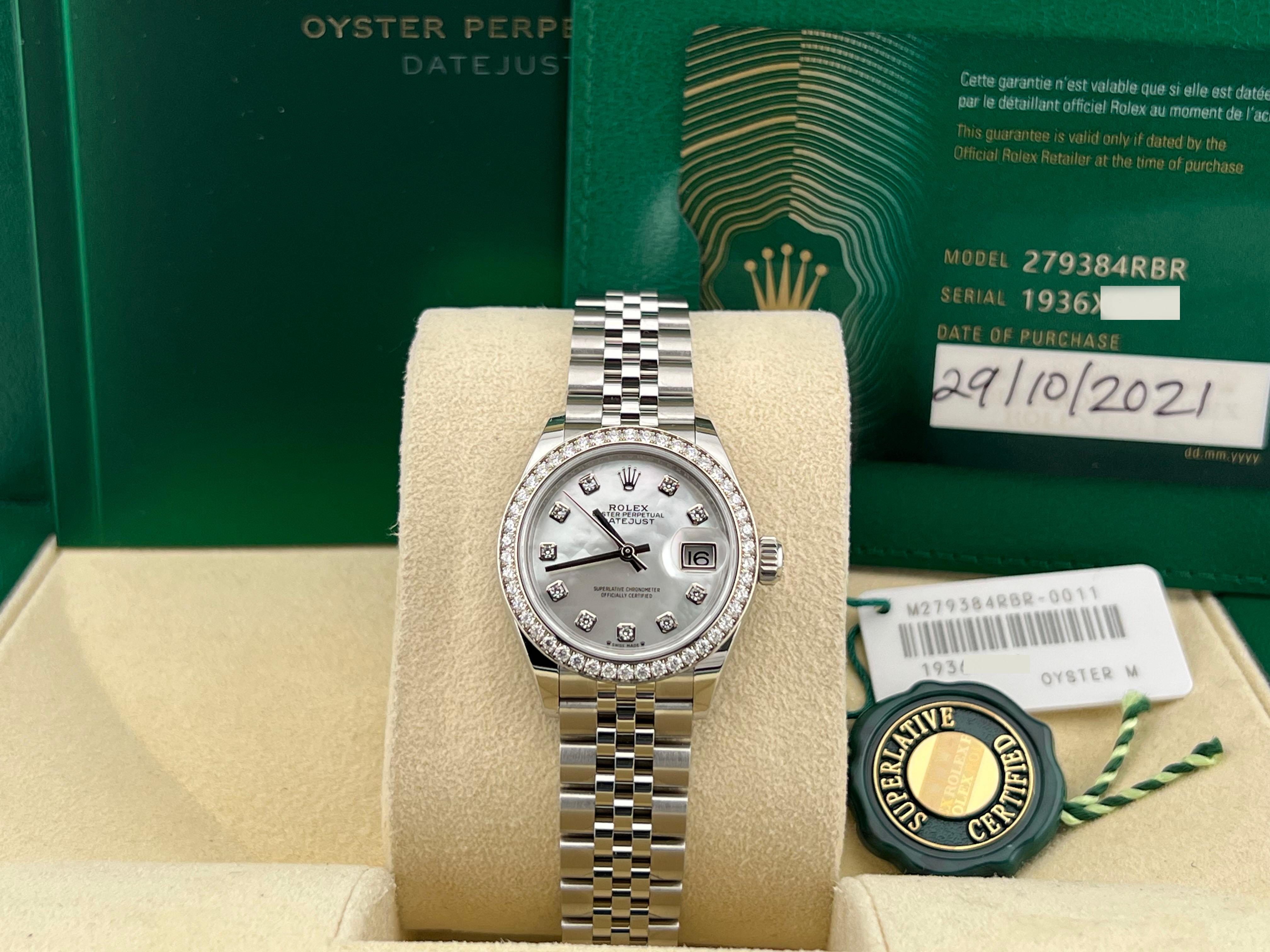 Rolex Ladies Datejust 279384RBR 28mm MOP Diamond Dial & Bezel Steel Box Paper In Excellent Condition In San Diego, CA
