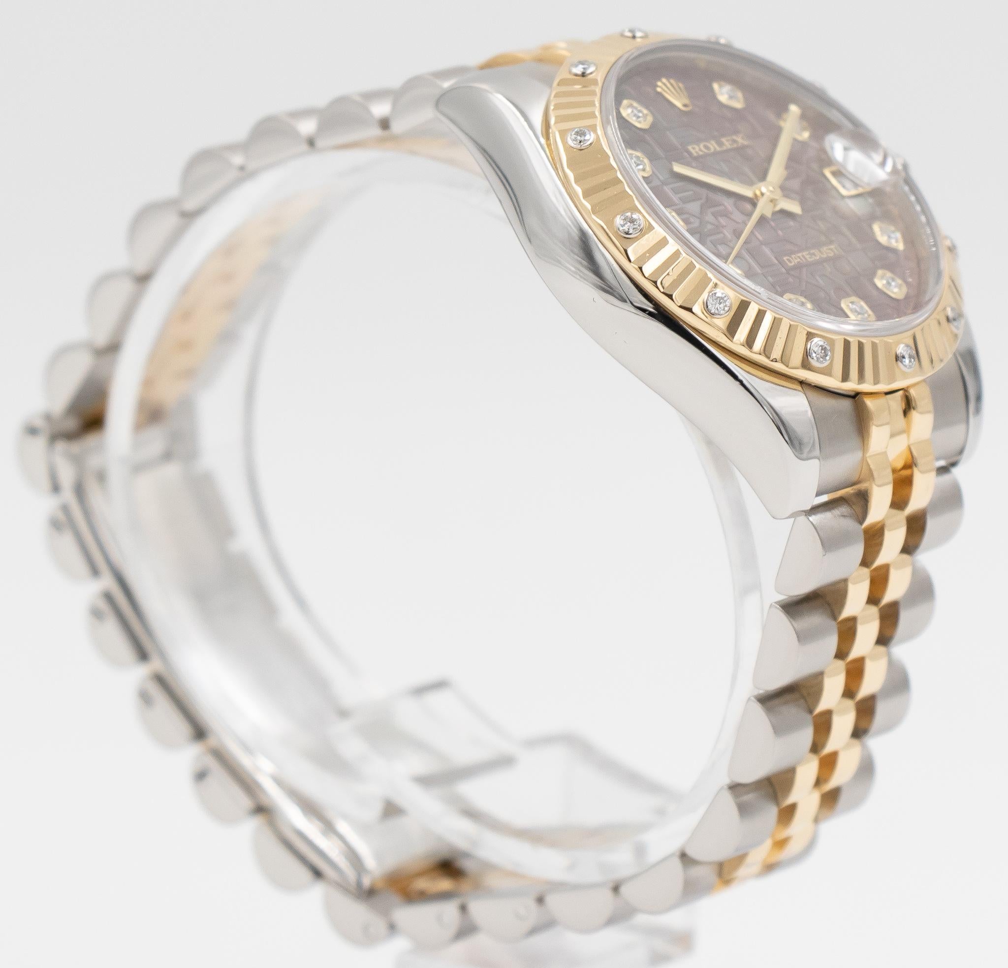 This beautiful ladies DateJust watch came to our store as a trade and does not come with box or papers. This watch features a 31mm stainless steel case, a fluted 18k yellow gold gem-set bezel, and a stunning black mother-of-pearl Rolex dial with
