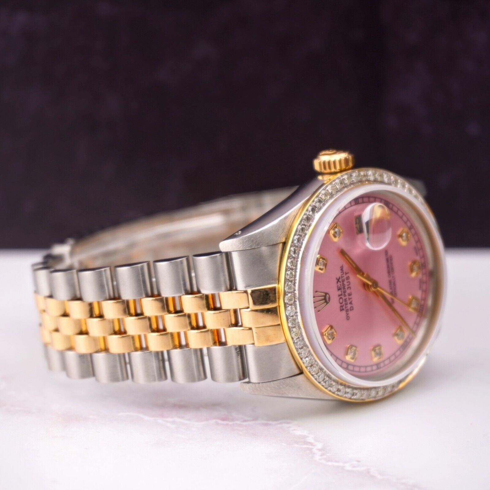 Rolex Datejust 36mm Uhr. Ein Pre-owned Uhr w / Geschenk-Box. Uhr ist 100% authentisch und kommt mit Echtheitskarte. Watch Reference ist 16013 und ist in ausgezeichnetem Zustand (siehe Bilder). Das Zifferblatt Farbe ist rosa (haben andere Farben) und