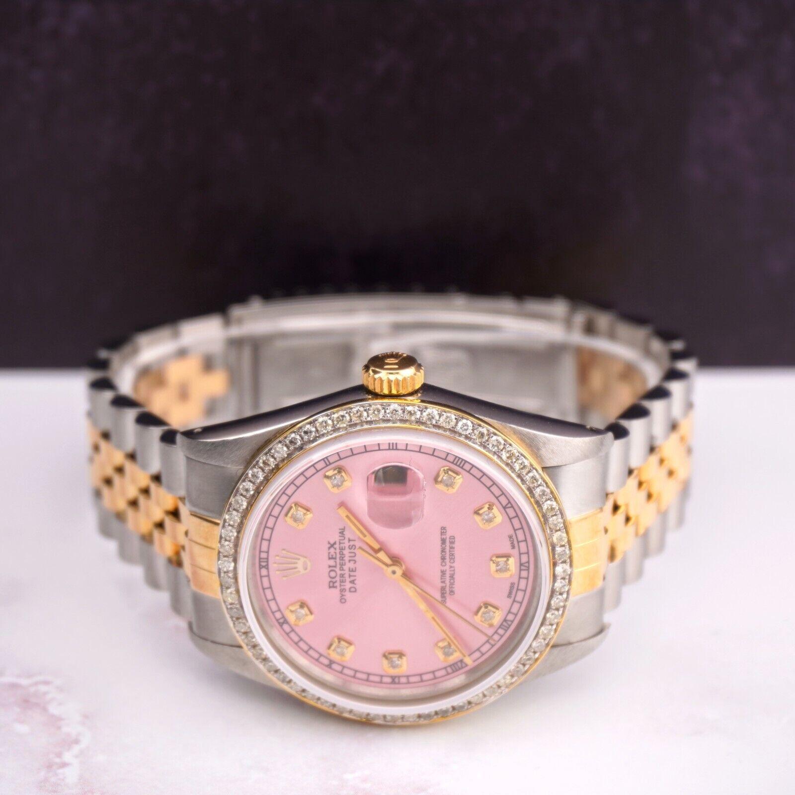 Modern Rolex Ladies Datejust 36mm 18k Yellow Gold & Steel 2.50ct Diamonds Pink Dial For Sale