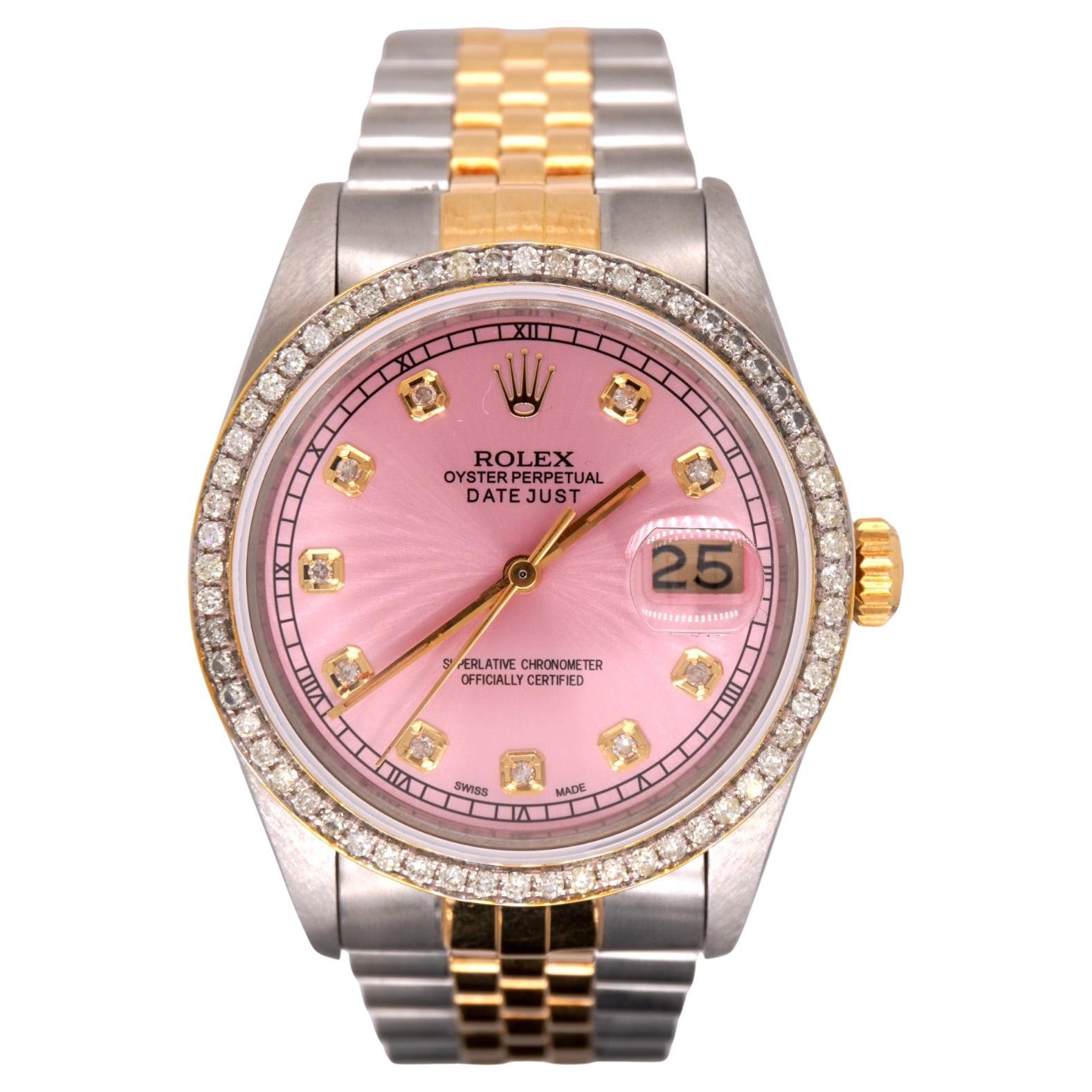 Rolex Ladies Datejust 36mm 18k Yellow Gold & Steel 2.50ct Diamonds Pink Dial For Sale