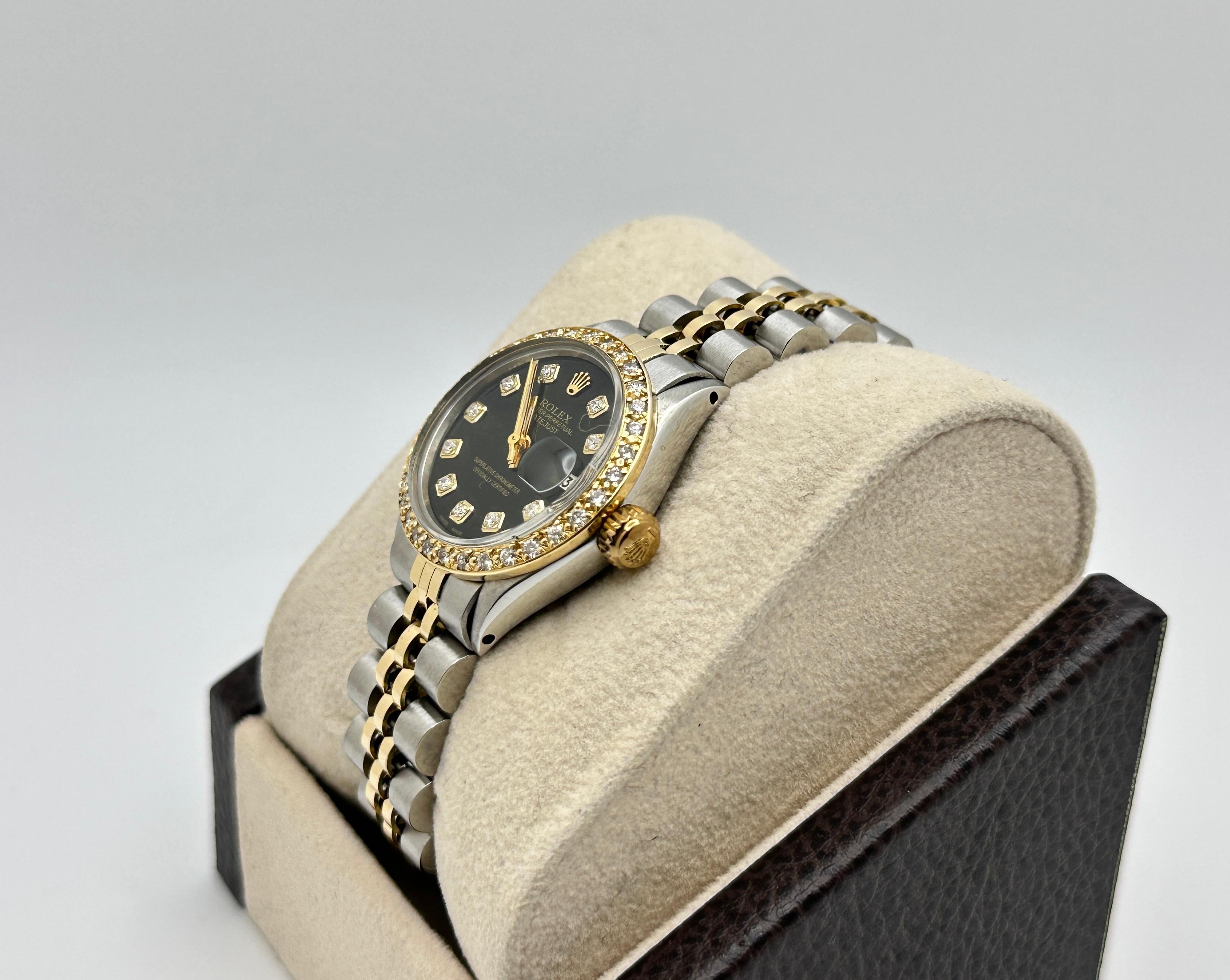Rolex Ladies Datejust 6519 Schwarz Diamant Zifferblatt Diamant Lünette 18k Gold Stahl (Rundschliff) im Angebot