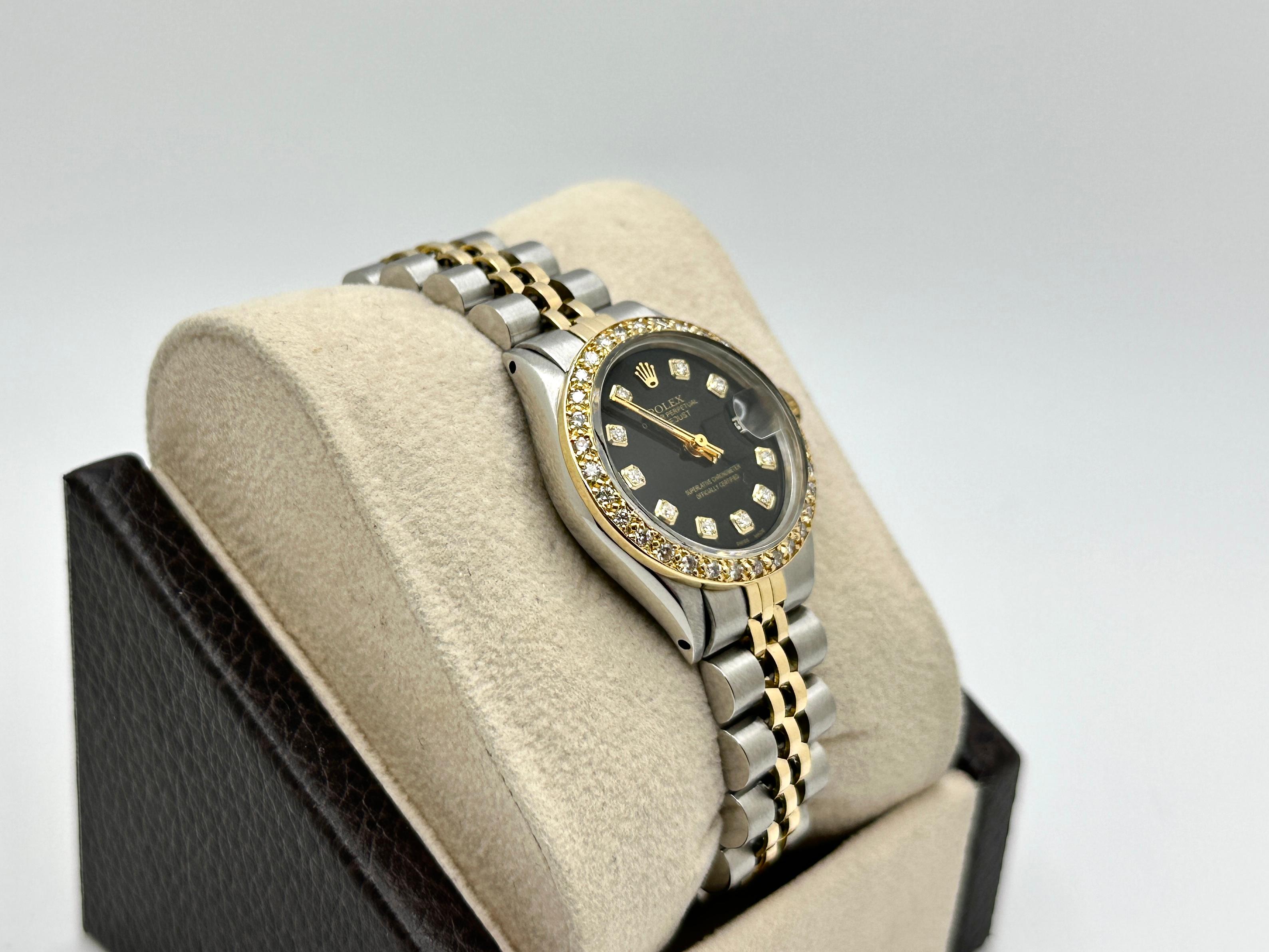 Rolex Ladies Datejust 6519 Schwarz Diamant Zifferblatt Diamant Lünette 18k Gold Stahl im Zustand „Gut“ im Angebot in San Diego, CA