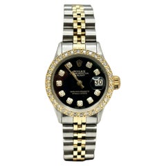 Rolex Ladies Datejust 6519 Schwarz Diamant Zifferblatt Diamant Lünette 18k Gold Stahl