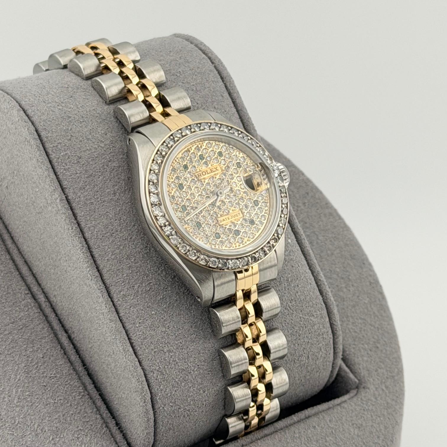 Rolex Ladies Datejust 6917 26mm Pave Diamond Dial Diamond Bezel 18k Gold Steel (Rundschliff) im Angebot