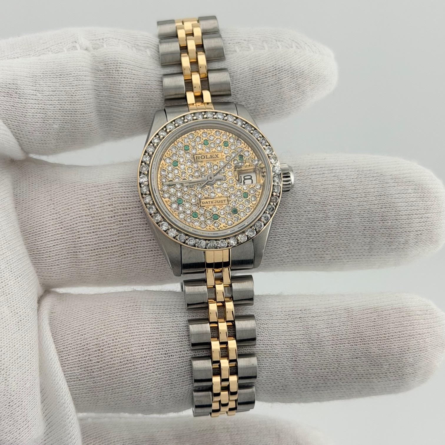 Rolex Ladies Datejust 6917 26mm Pave Diamond Dial Diamond Bezel 18k Gold Steel im Angebot 3