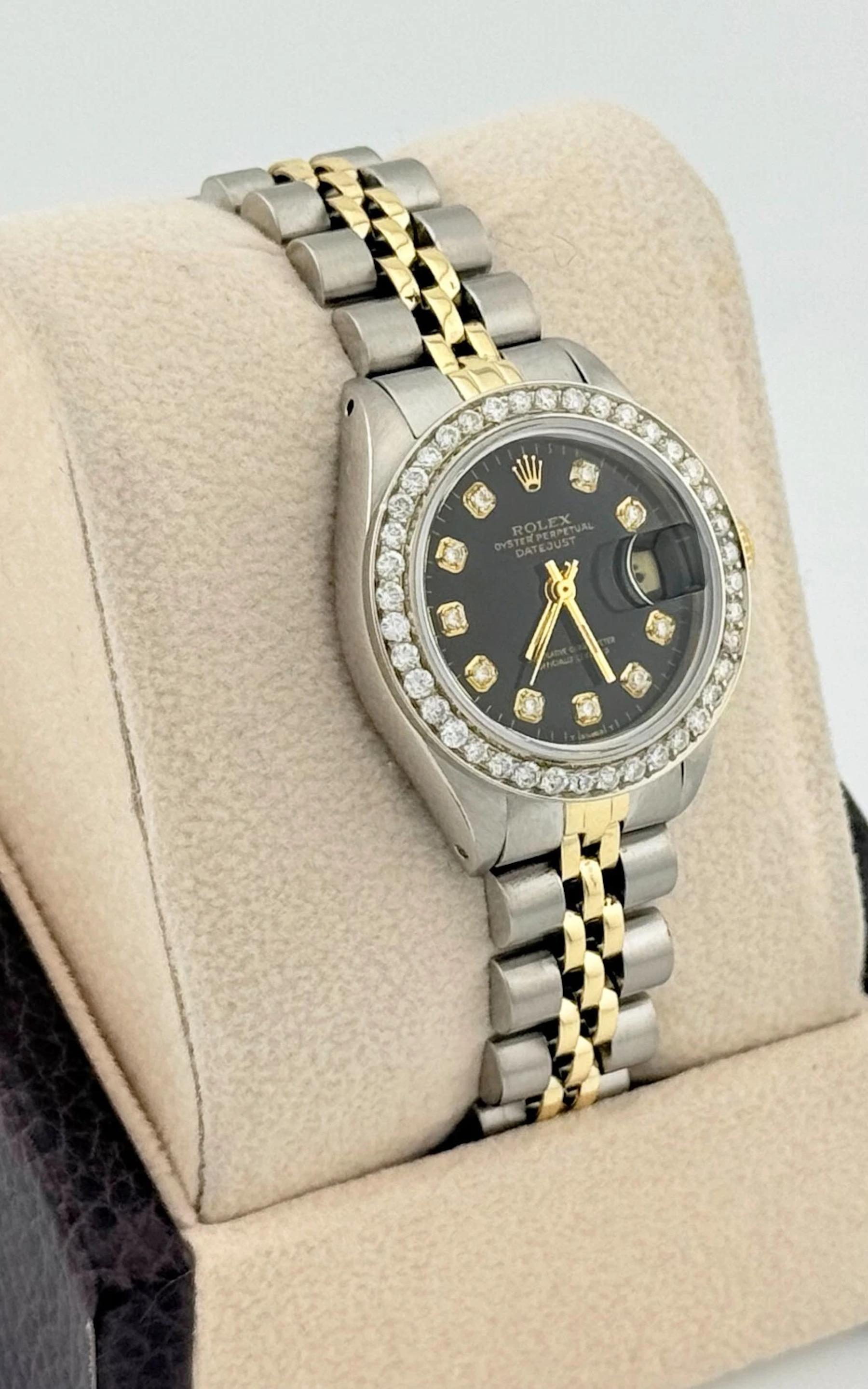 Rolex Ladies Datejust 6917 Black Diamond Dial 14K Yellow Gold Stainless Jubilee In Excellent Condition For Sale In San Diego, CA