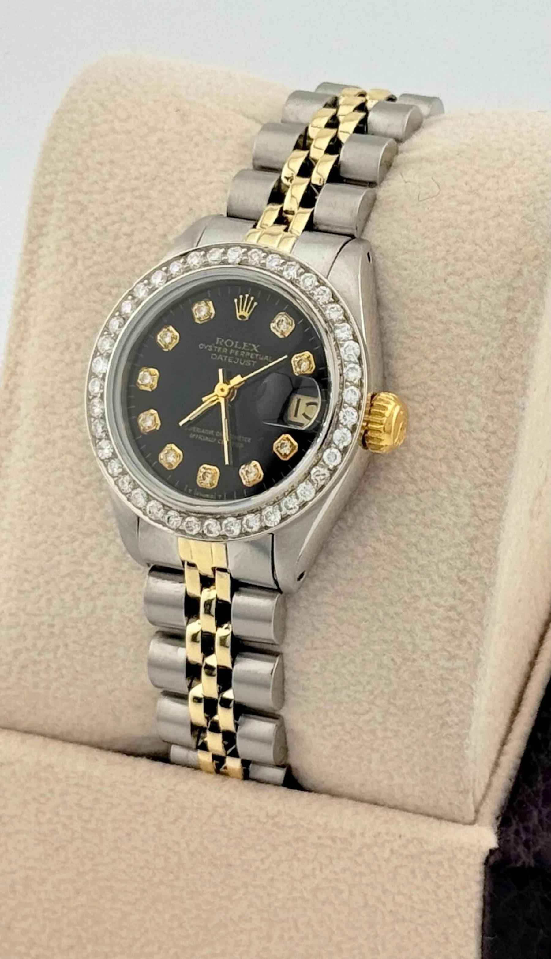 Women's Rolex Ladies Datejust 6917 Black Diamond Dial 14K Yellow Gold Stainless Jubilee For Sale