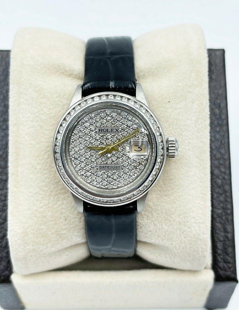 Women's Rolex Ladies Datejust 6917 Diamond Dial Diamond Bezel Stainless Leather Strap For Sale