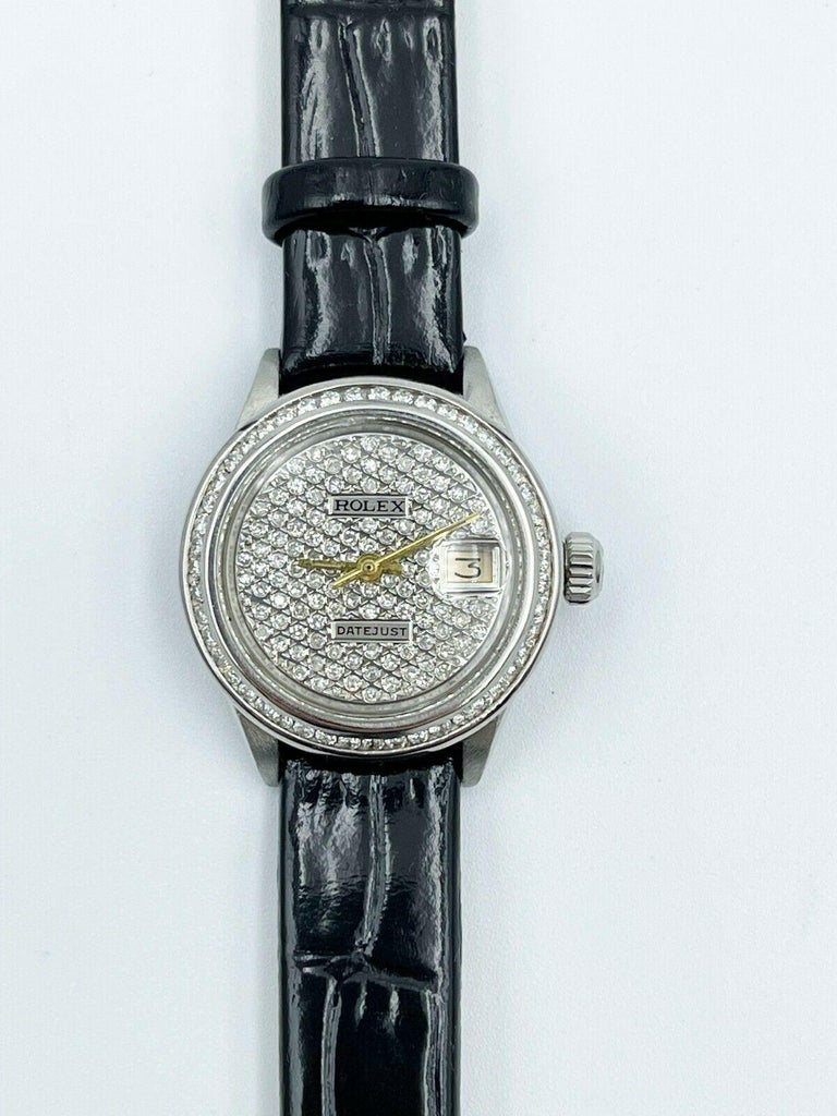 Rolex Ladies Datejust 6917 Diamond Dial Diamond Bezel Stainless Leather Strap For Sale 1