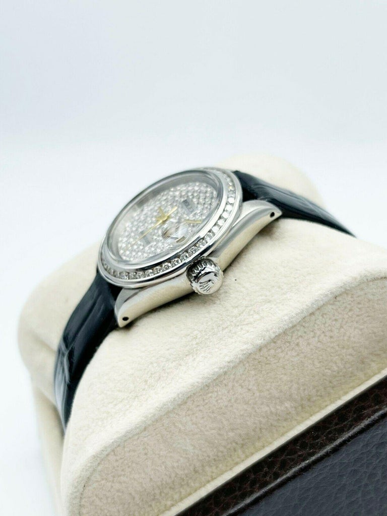 Rolex Ladies Datejust 6917 Diamond Dial Diamond Bezel Stainless Leather Strap For Sale 2
