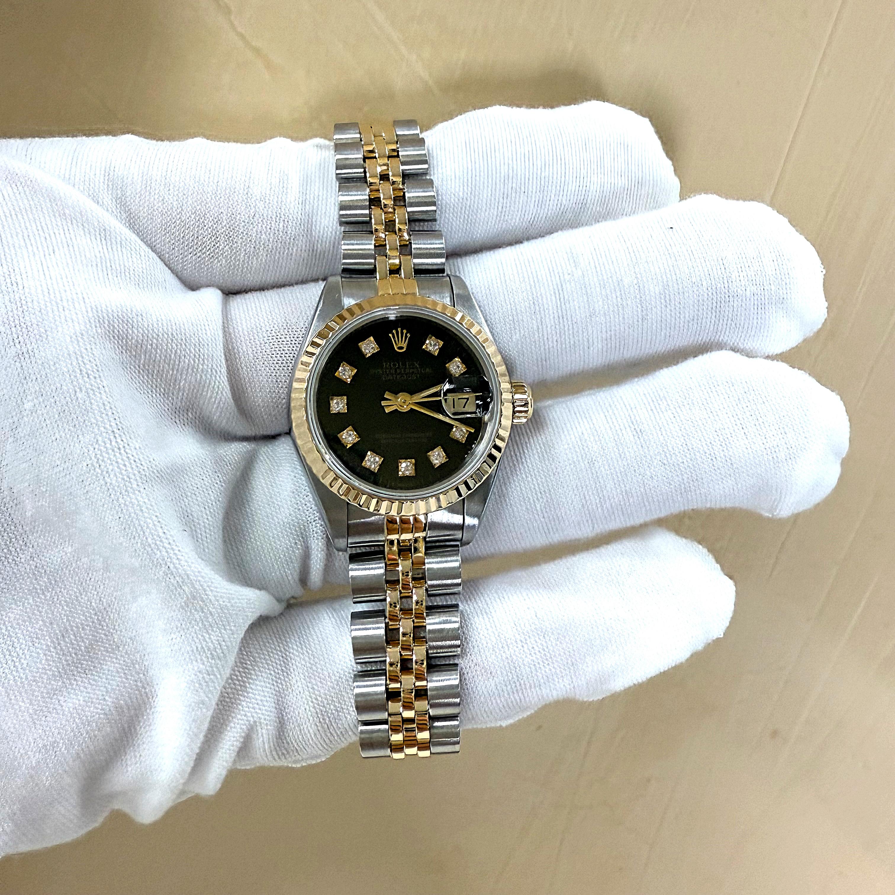 Rolex Datejust 69173 26mm quadrante nero con diamanti, oro 18 carati, acciaio inossidabile in vendita 6
