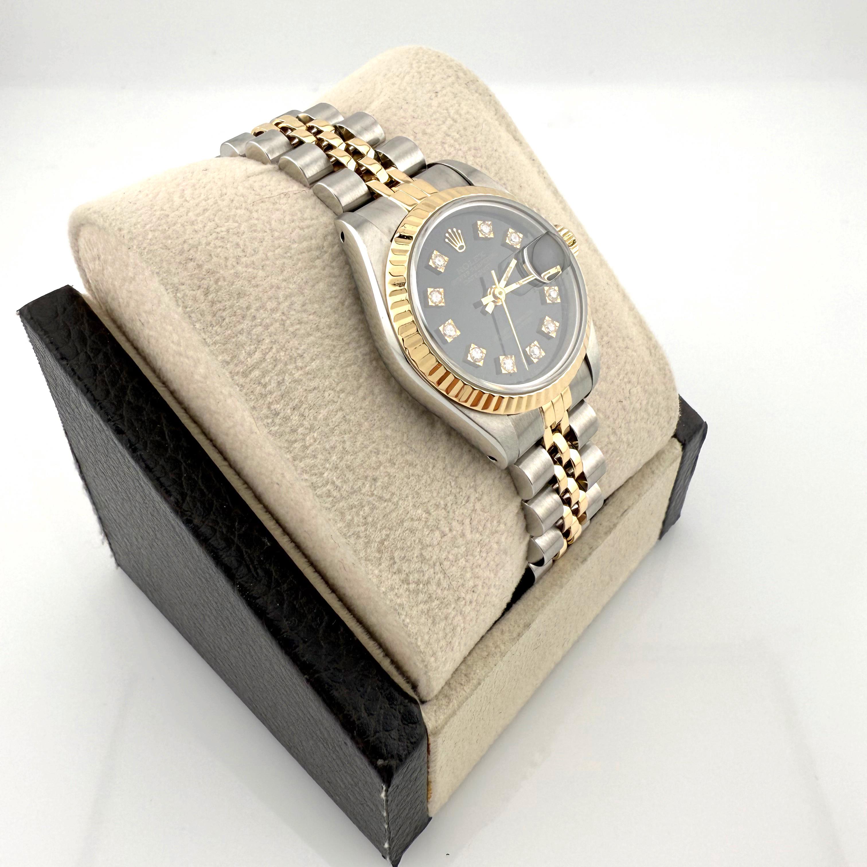 Donna Rolex Datejust 69173 26mm quadrante nero con diamanti, oro 18 carati, acciaio inossidabile in vendita