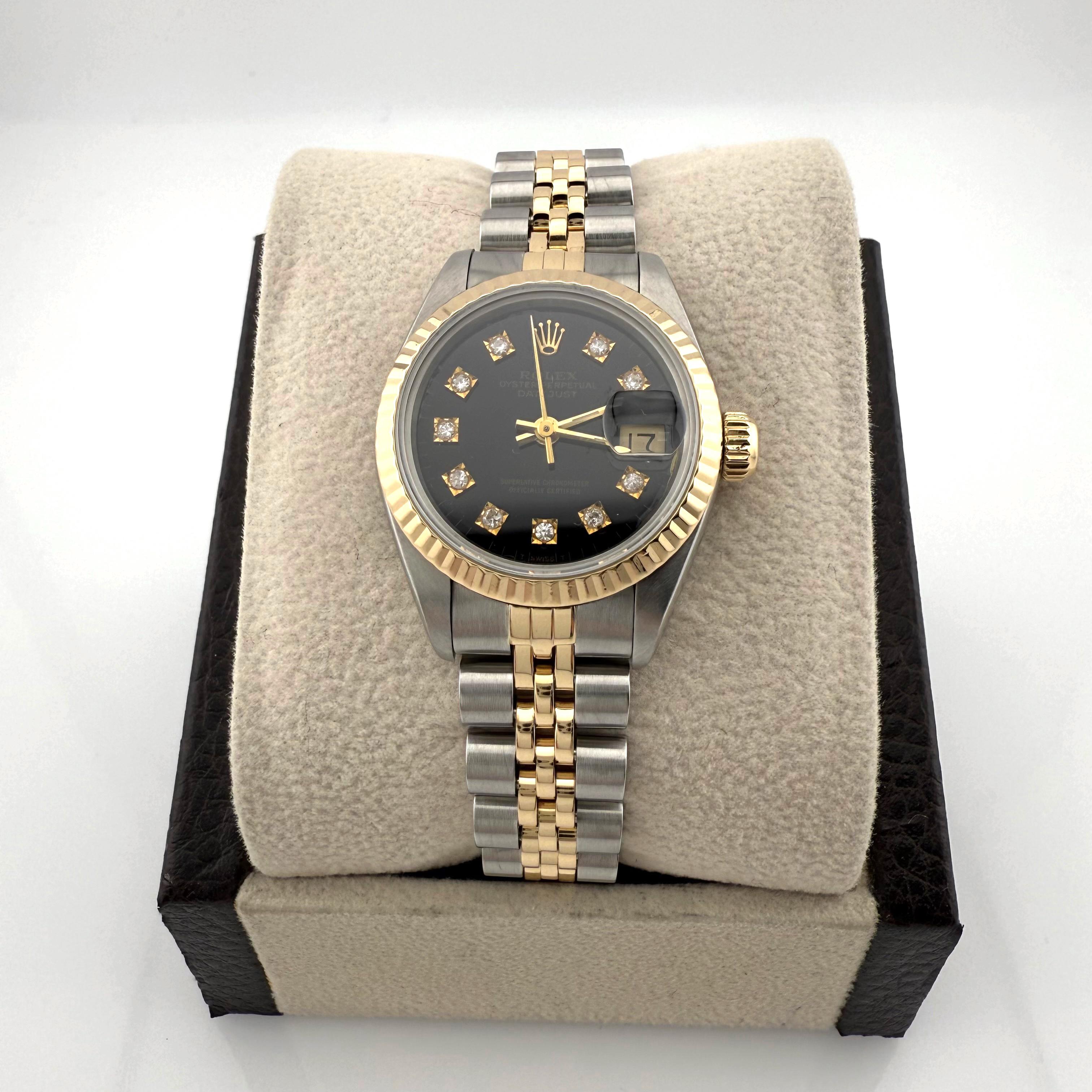 Rolex Datejust 69173 26mm quadrante nero con diamanti, oro 18 carati, acciaio inossidabile in vendita 3