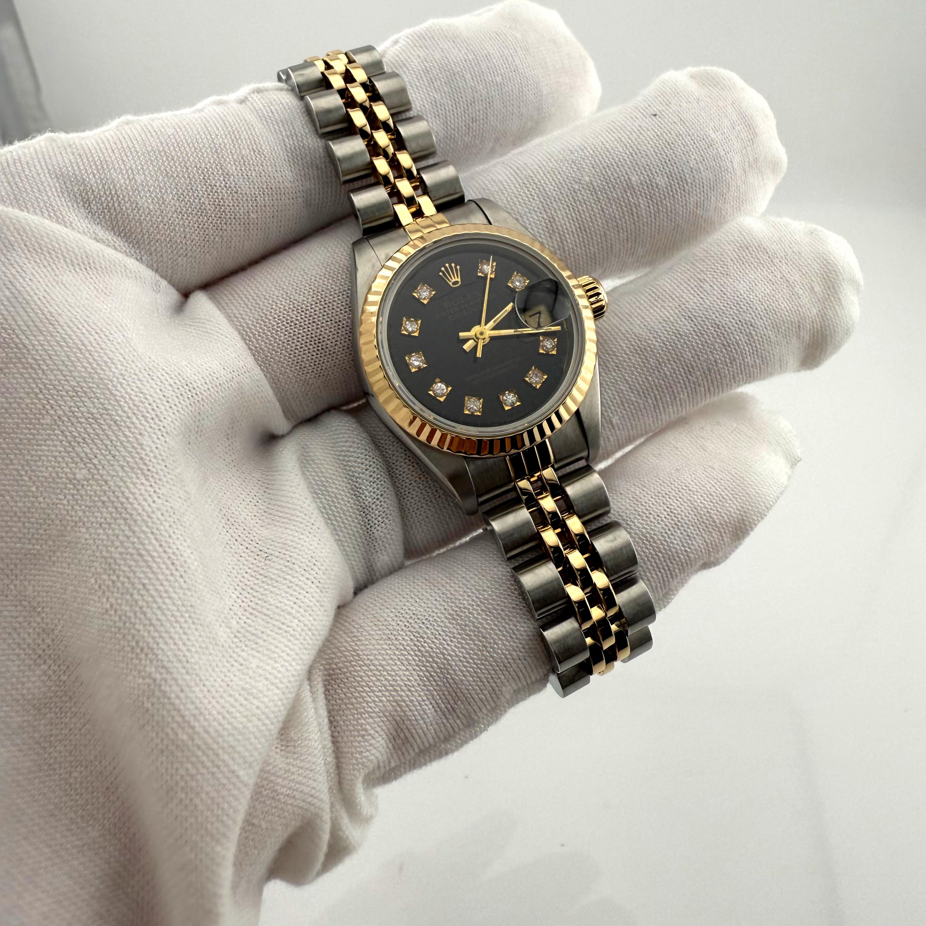 Rolex Datejust 69173 26mm quadrante nero con diamanti, oro 18 carati, acciaio inossidabile in vendita 4