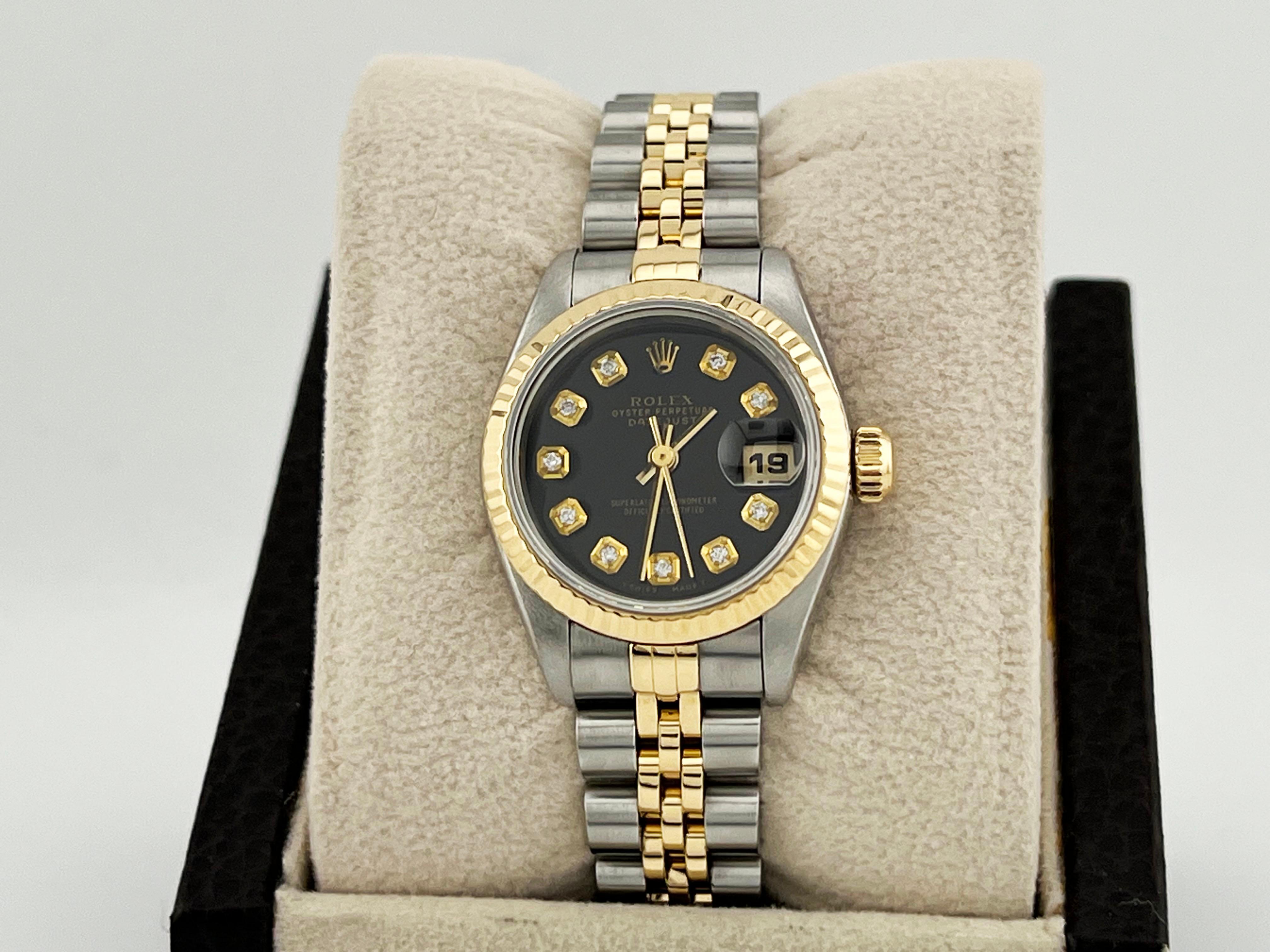 Rolex Damen Datejust 69173 Schwarzes Diamant-Zifferblatt 18K Gelbgold Stahl 26mm im Zustand „Hervorragend“ in San Diego, CA