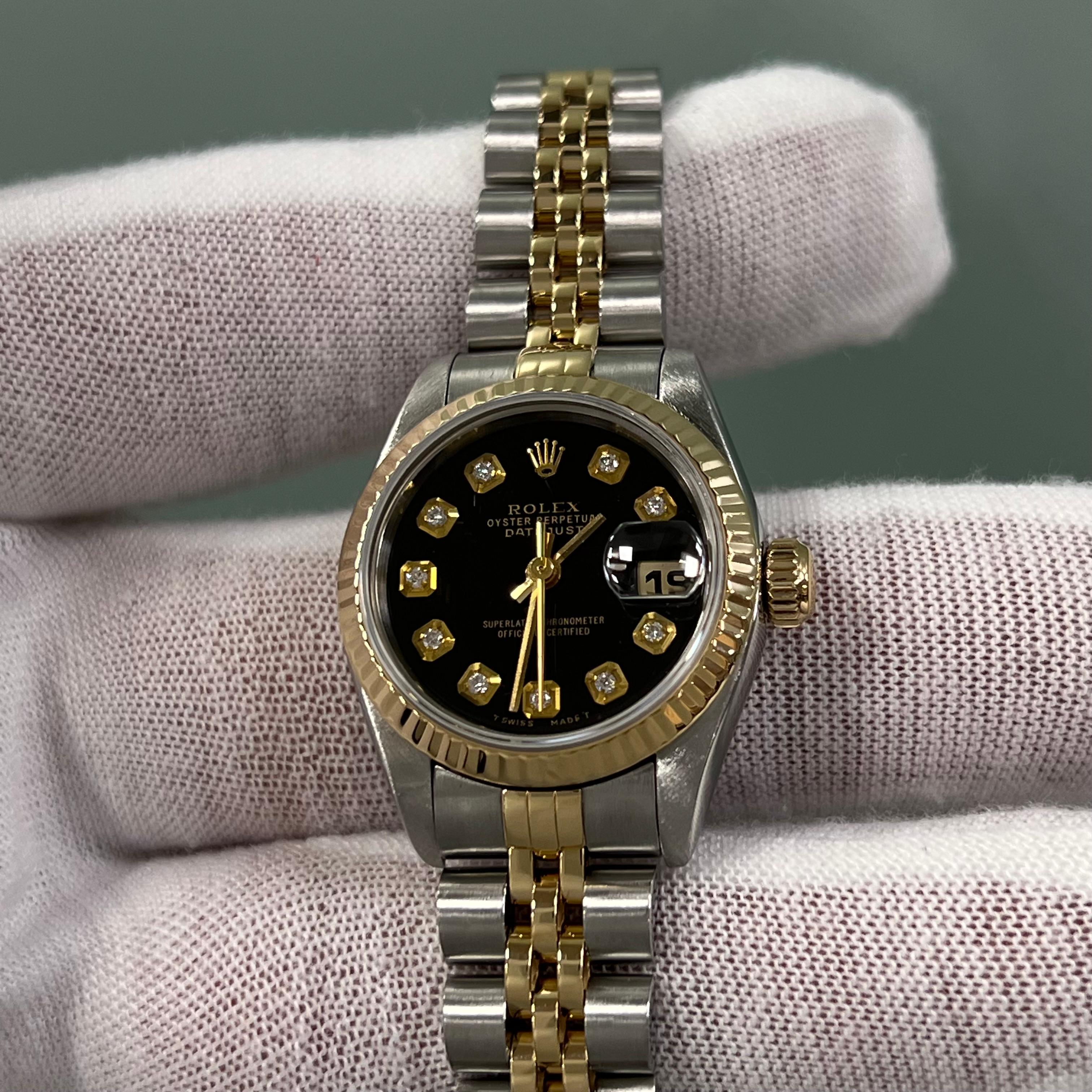 Rolex Damen Datejust 69173 Schwarzes Diamant-Zifferblatt 18K Gelbgold Stahl 26mm 5