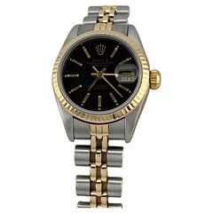 Rolex Datejust 69173 quadrante nero con arazzo, oro giallo 18 carati, scatola d'acciaio