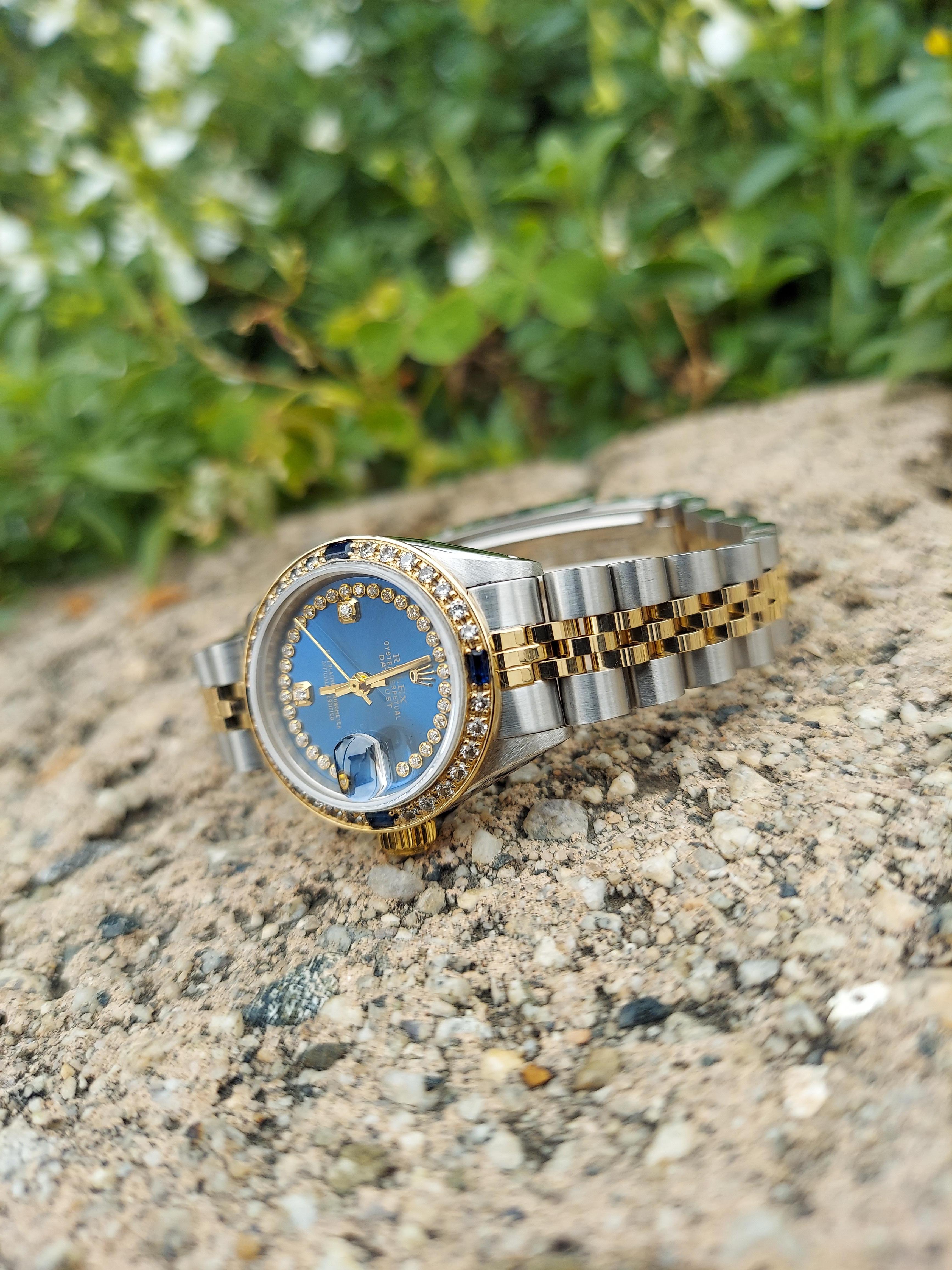 Rolex Ladies Datejust 69173 Blauer String Diamant Saphir Jubilee im Zustand „Gut“ im Angebot in San Fernando, CA