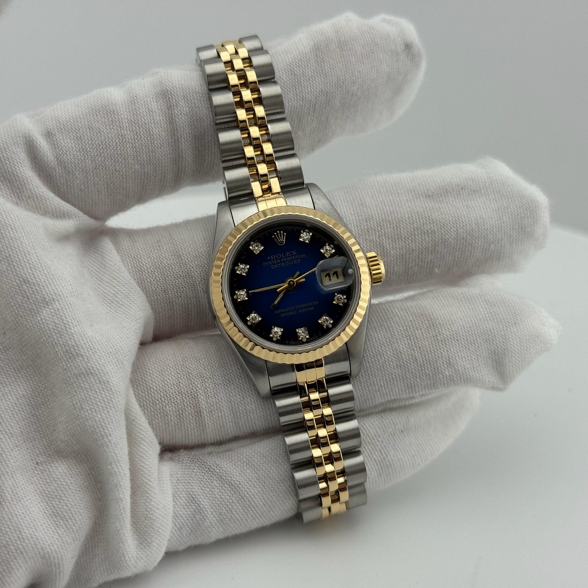 Rolex Ladies Datejust 69173 Blue Vignette Diamond Dial 18K Gold Steel Box Papers For Sale 5