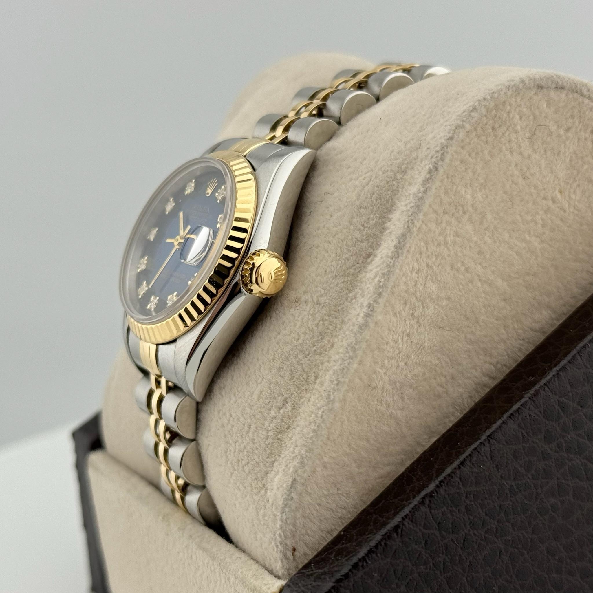 Rolex Ladies Datejust 69173 Blue Vignette Diamond Dial 18K Gold Steel Box Papers For Sale 6