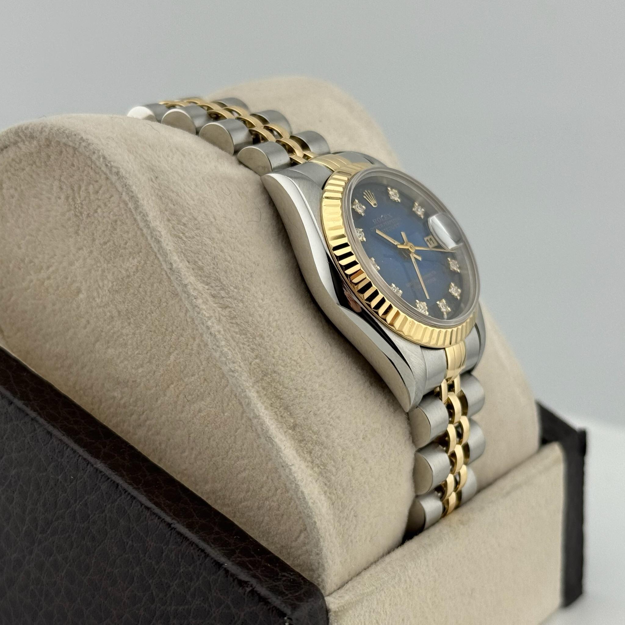 Rolex Ladies Datejust 69173 Blue Vignette Diamond Dial 18K Gold Steel Box Papers For Sale 7