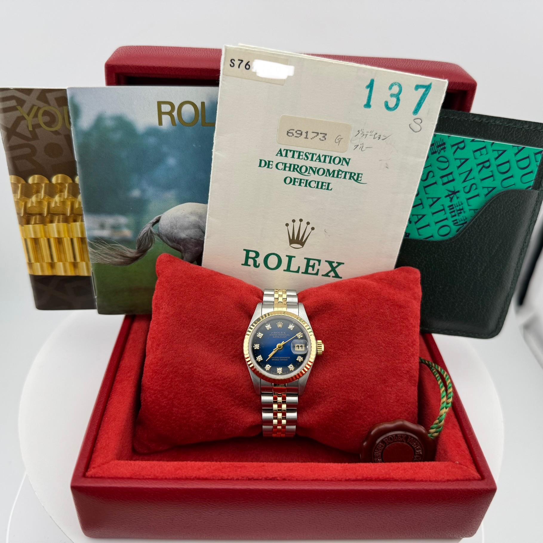 Style Number: 69173



Serial: S76****



Year: 1993

 

Model: Rolex Ladies Datejust

 

Case Material: Stainless Steel

 

Band: 18K Yellow Gold & Stainless Steel Jubilee 

  

Bezel: 18K Yellow Gold Fluted

  

Dial: Factory Original Blue