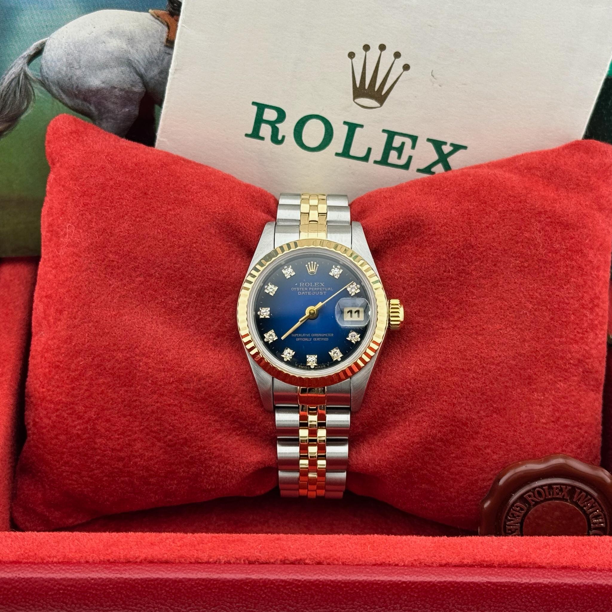Round Cut Rolex Ladies Datejust 69173 Blue Vignette Diamond Dial 18K Gold Steel Box Papers For Sale