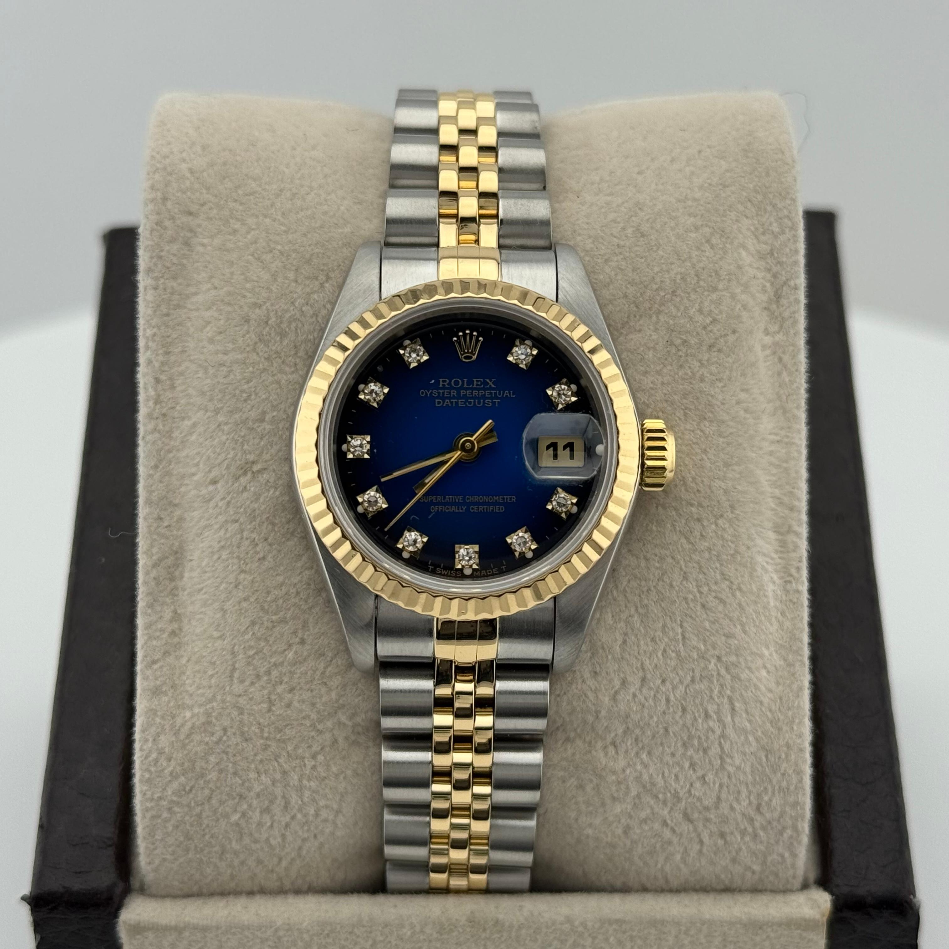 Rolex Ladies Datejust 69173 Esfera diamante viñeta azul Oro 18K Caja Papeles Corte único en venta