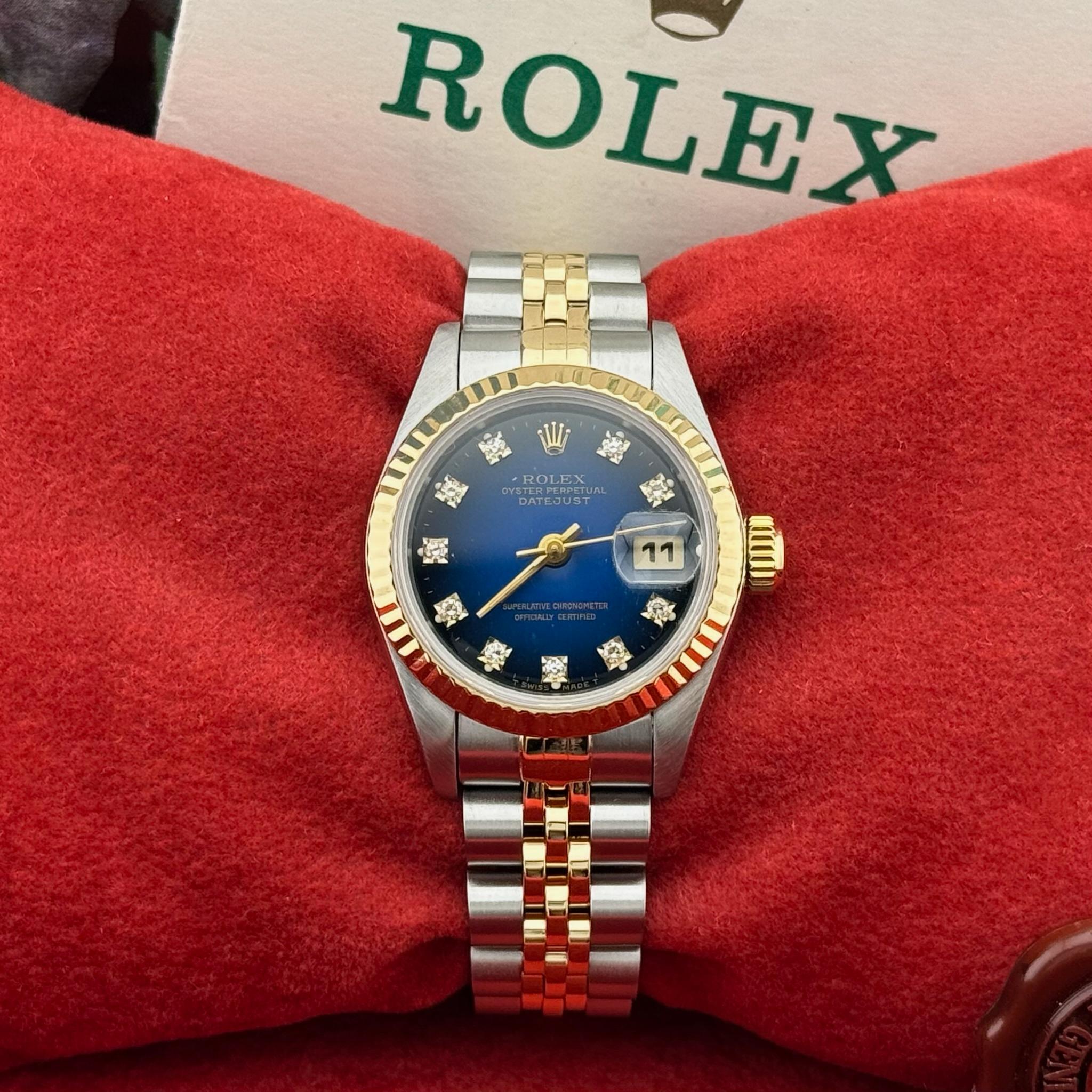 Rolex Ladies Datejust 69173 Blue Vignette Diamond Dial 18K Gold Steel Box Papers In Excellent Condition For Sale In San Diego, CA