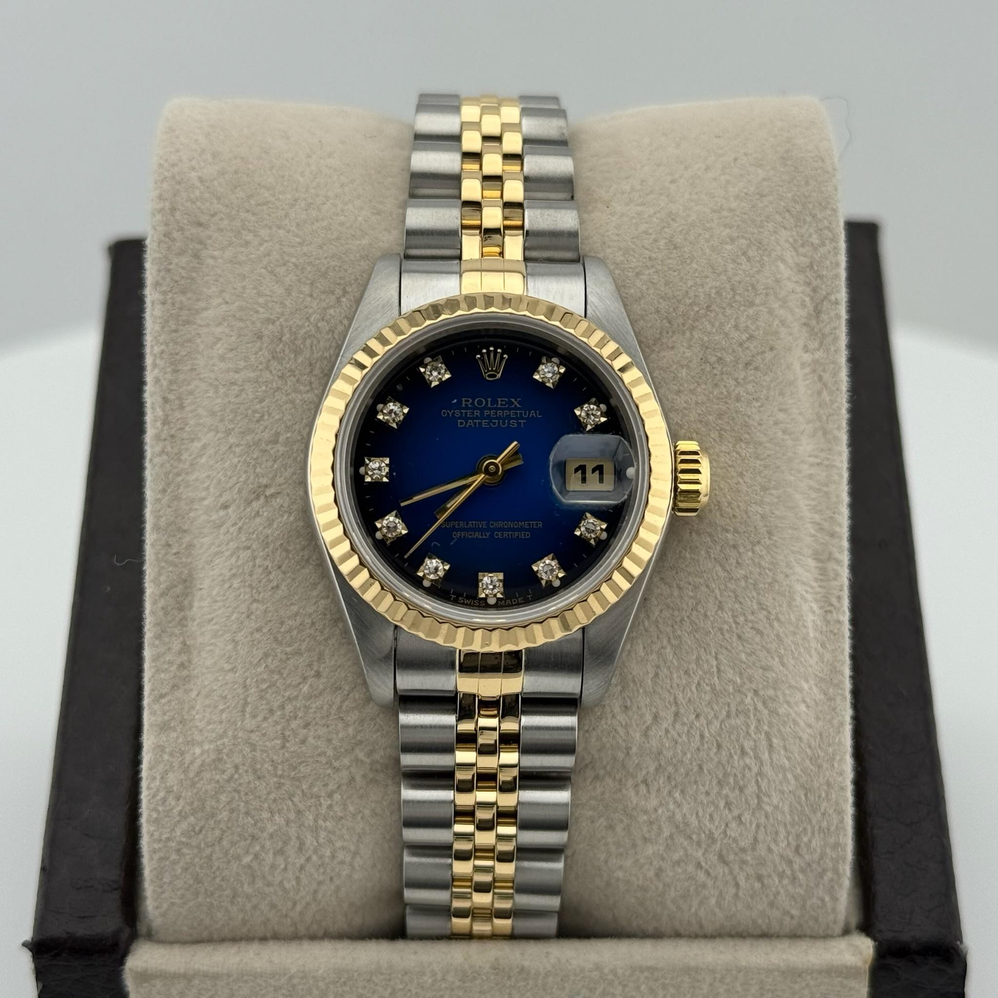 Rolex Ladies Datejust 69173 Blue Vignette Diamond Dial 18K Gold Steel Box Papers For Sale 1