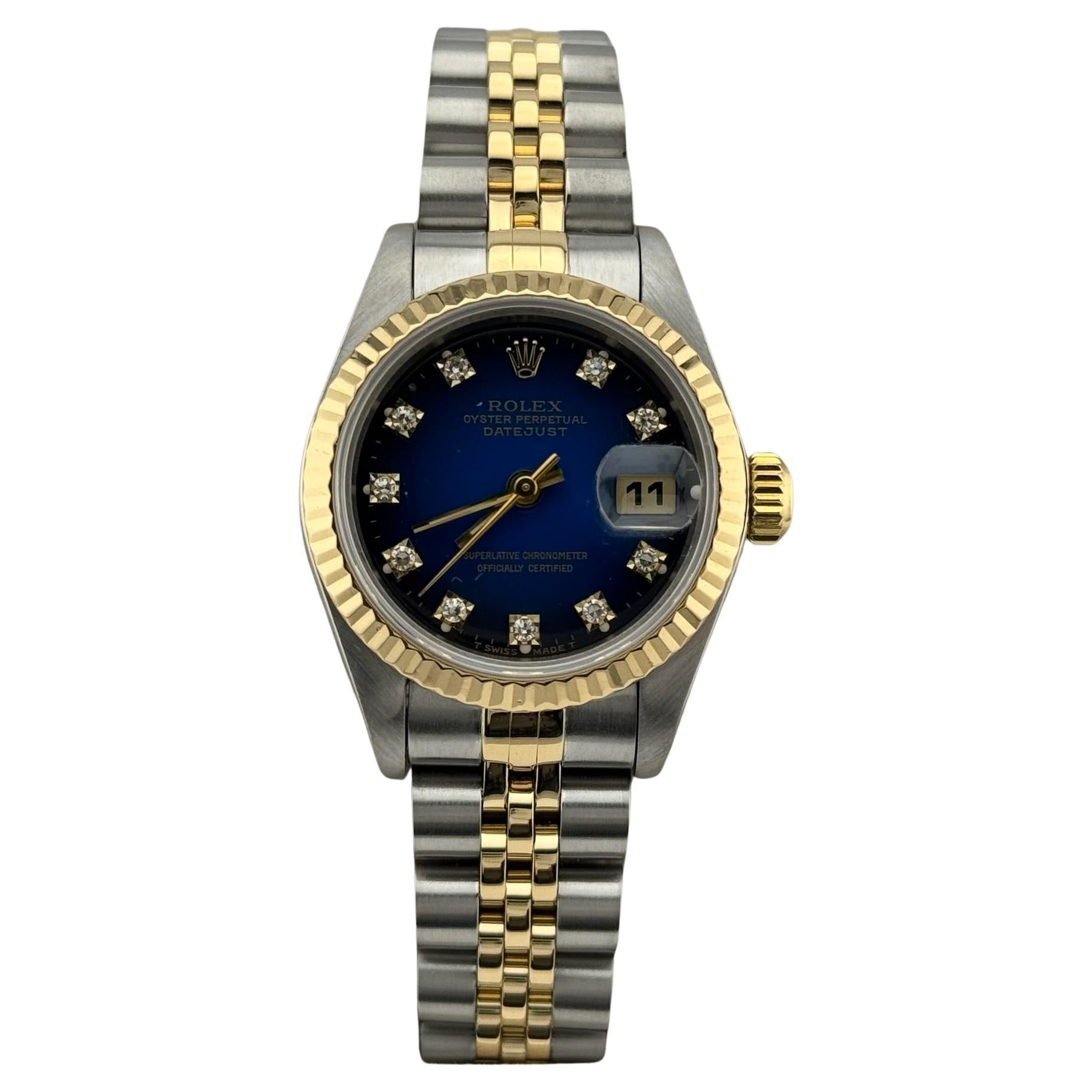 Rolex Ladies Datejust 69173 Blue Vignette Diamond Dial 18K Gold Steel Box Papers For Sale