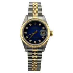 Rolex Ladies Datejust 69173 Blue Vignette Diamond Dial 18K Gold Steel Box Papers